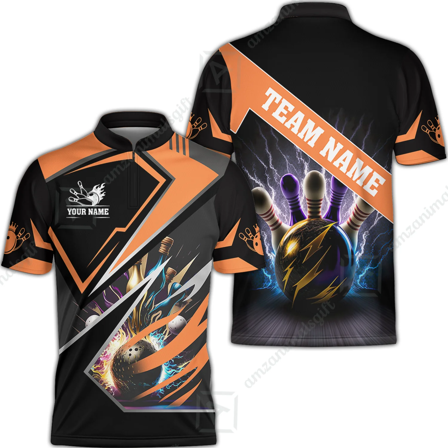 Customized Bowling Jersey Shirt, Bowling And Pins Premium Multicolor Option Customized Name And Team Zipper Polo Jerseys Shirts - Image 3