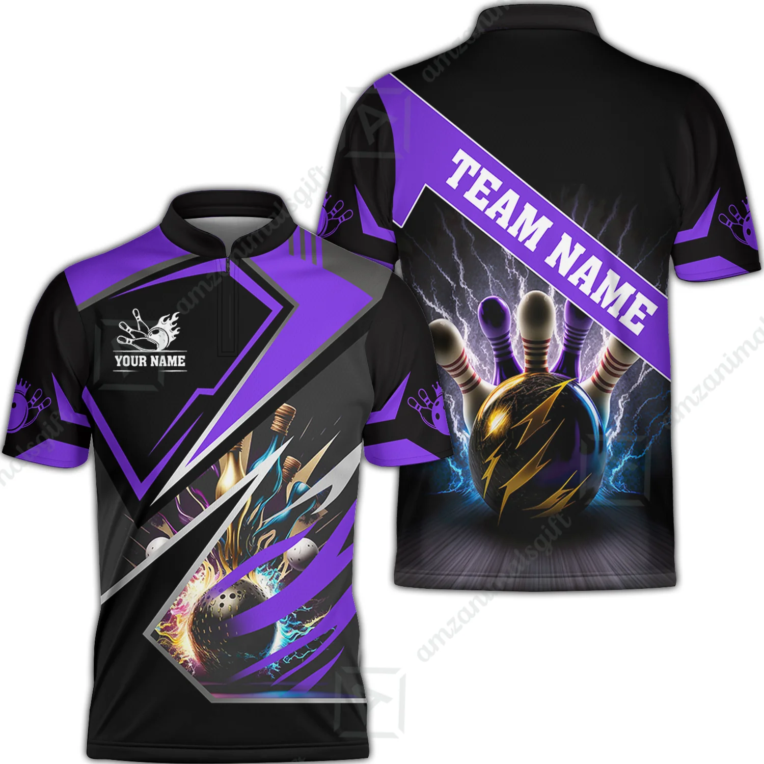 Customized Bowling Jersey Shirt, Bowling And Pins Premium Multicolor Option Customized Name And Team Zipper Polo Jerseys Shirts - Image 4