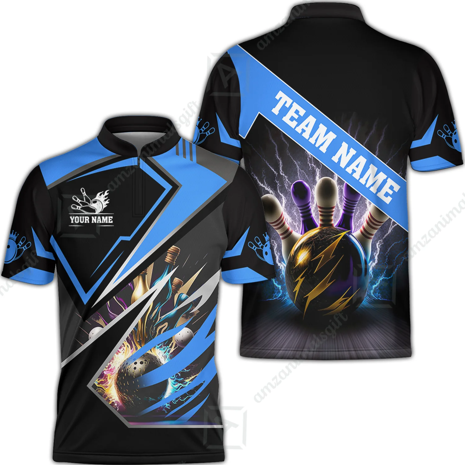 Customized Bowling Jersey Shirt, Bowling And Pins Premium Multicolor Option Customized Name And Team Zipper Polo Jerseys Shirts - Image 5