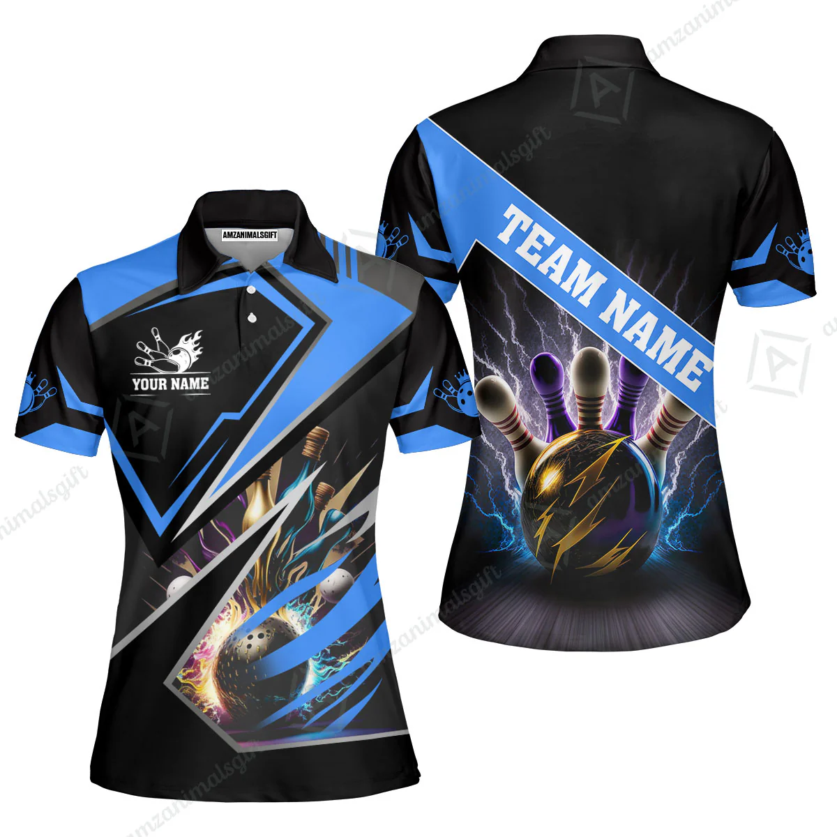 Customized Bowling Jersey Shirt, Bowling And Pins Premium Multicolor Option Customized Name And Team Zipper Polo Jerseys Shirts - Image 9