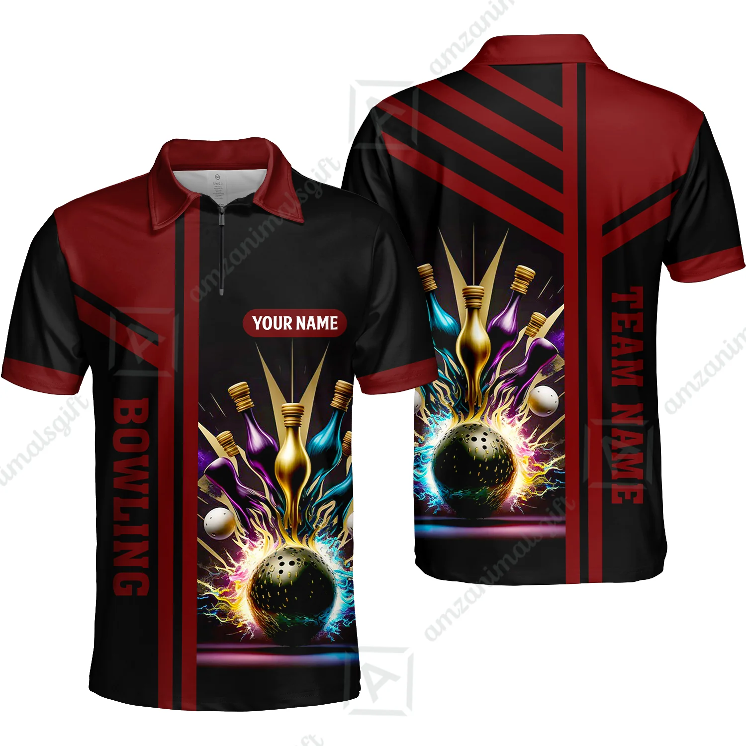Customized Bowling Unisex Polo, Bowling And Pins Premium Professional Multicolor Option Customized Name And Team Zipper Polo Jerseys Shirts - Image 33