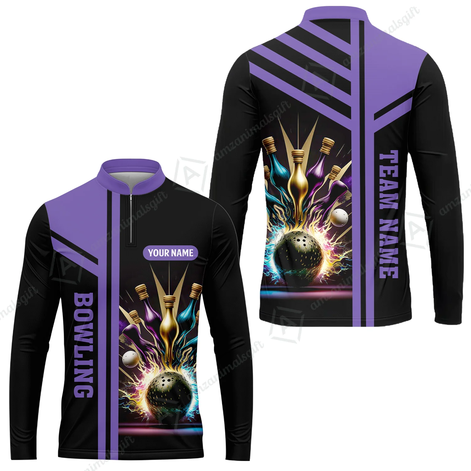 Customized Bowling Unisex Polo, Bowling And Pins Premium Professional Multicolor Option Customized Name And Team Zipper Polo Jerseys Shirts - Image 44