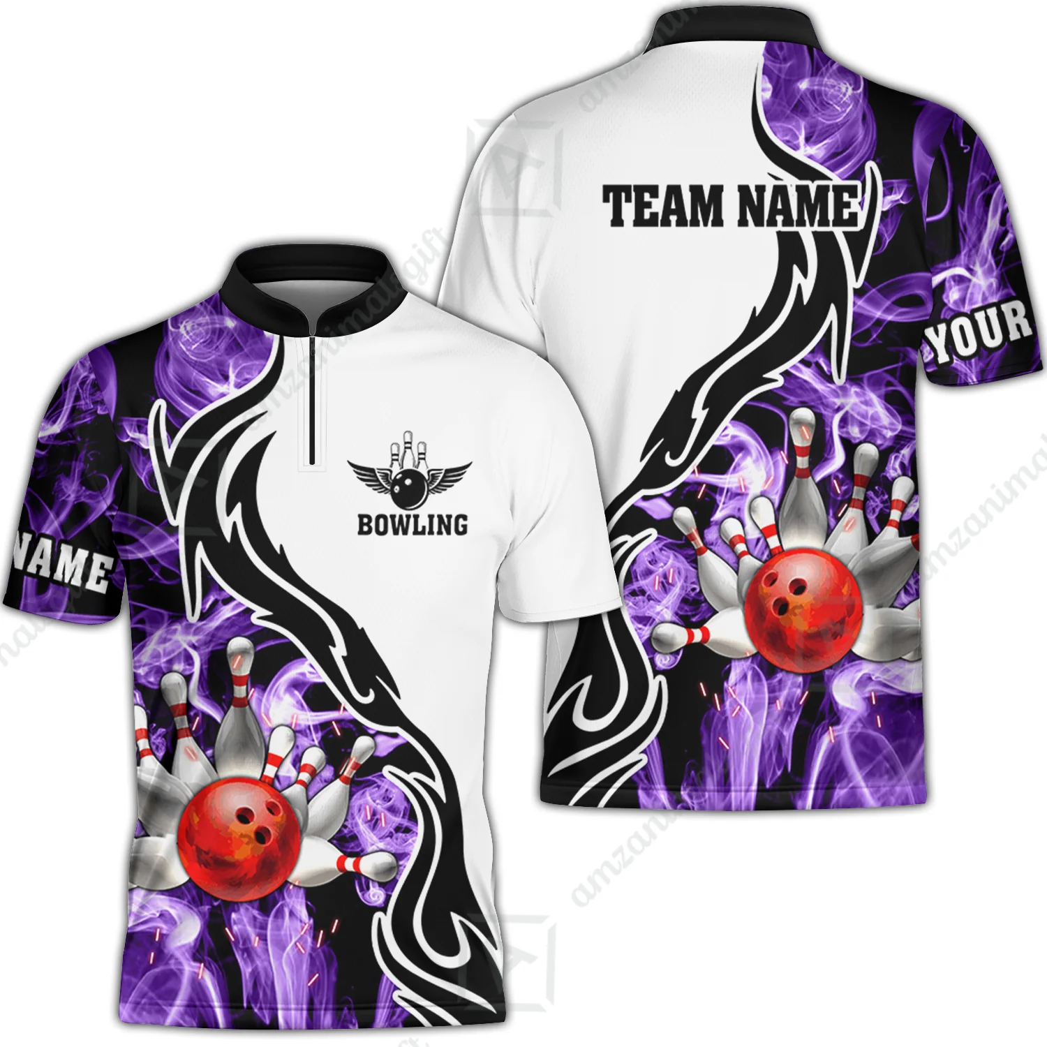 Customized Bowling Unisex Polo Shirt, Bowling And Pins Purple Smoke Pattern Customized Name And Team Polo Jerseys Shirts - Image 2