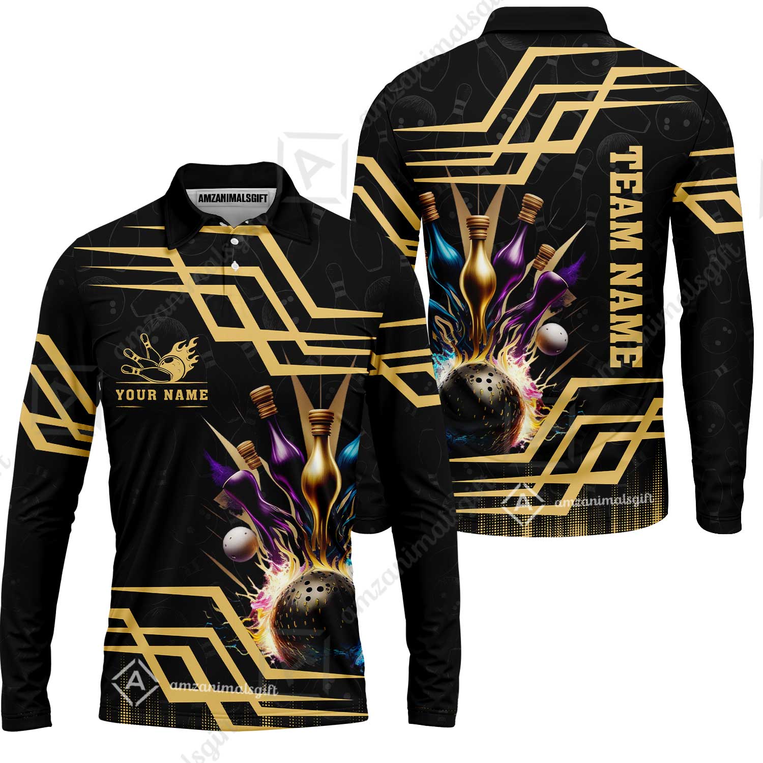 Customized Bowling Unisex Polo, Bowling And Pins Royal Multicolor Option Customized Name And Team Name For Bowling Team - Image 14