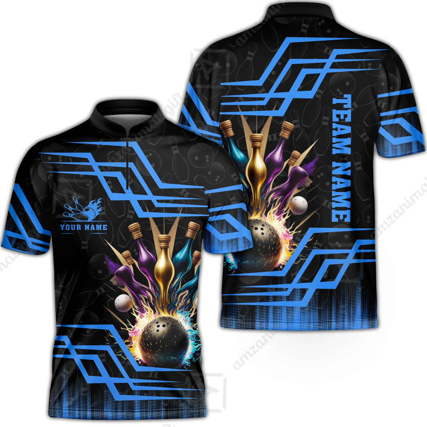 Customized Bowling Unisex Polo, Bowling And Pins Royal Multicolor Option Customized Name And Team Name For Bowling Team - Image 26