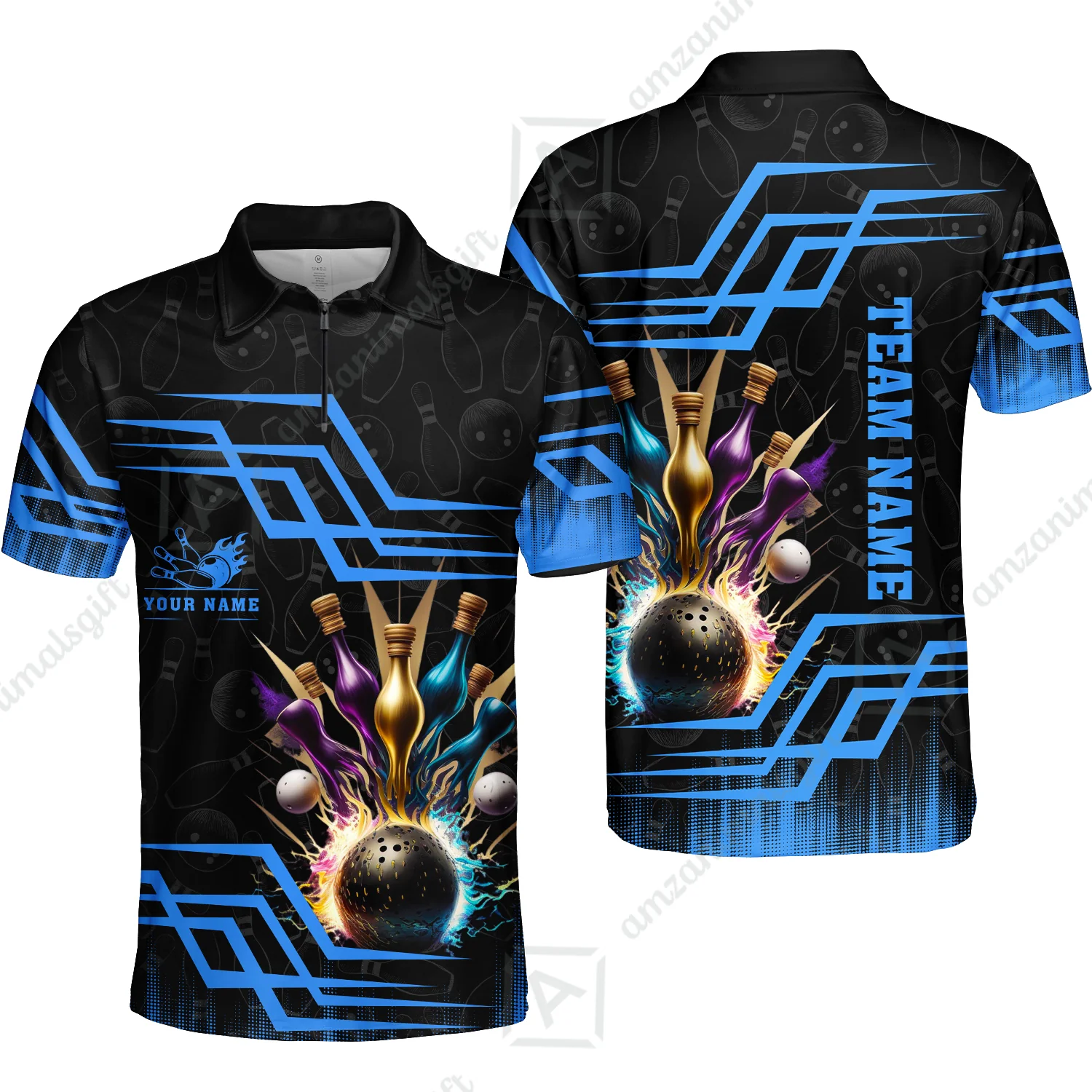 Customized Bowling Unisex Polo, Bowling And Pins Royal Multicolor Option Customized Name And Team Name For Bowling Team - Image 31