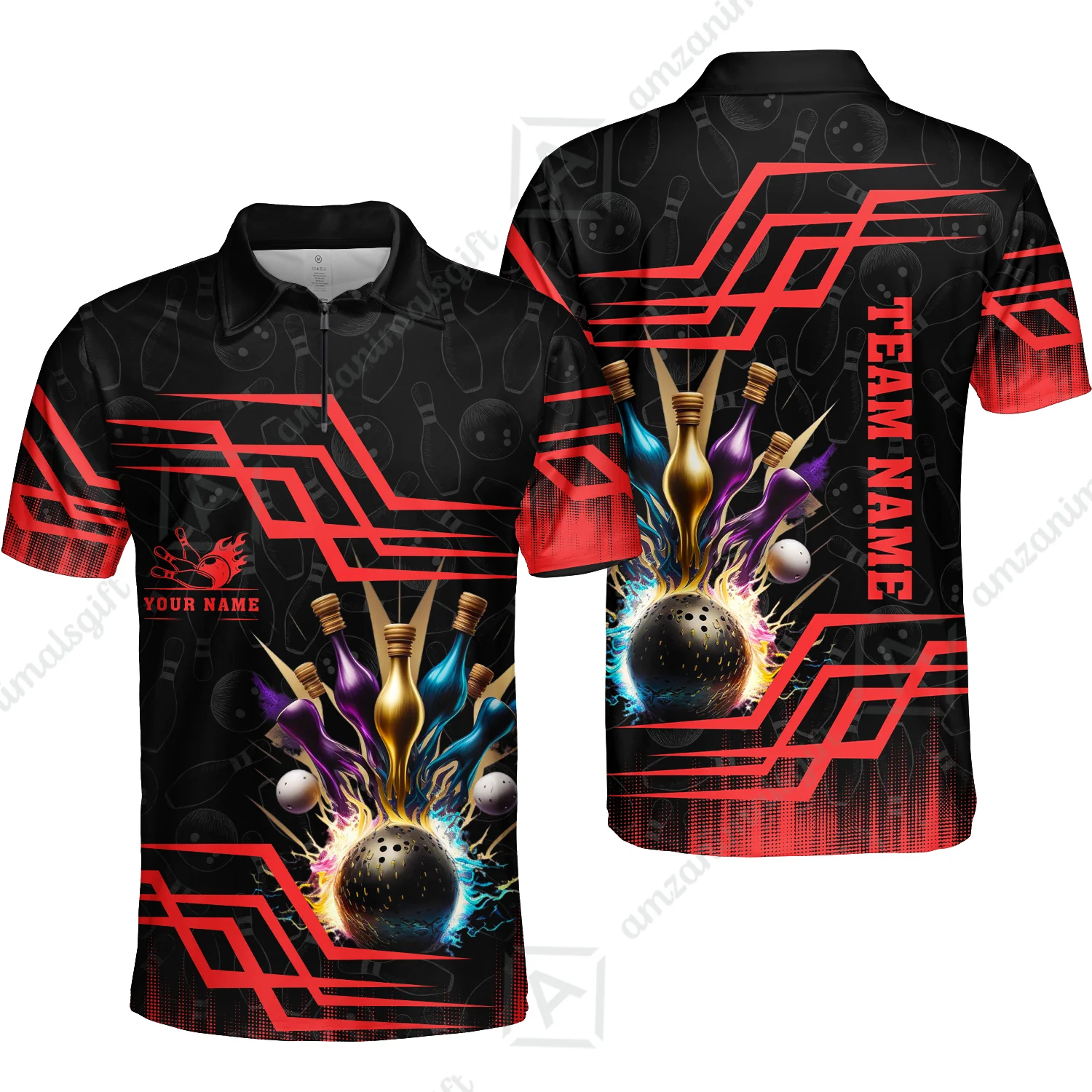 Customized Bowling Unisex Polo, Bowling And Pins Royal Multicolor Option Customized Name And Team Name For Bowling Team - Image 34