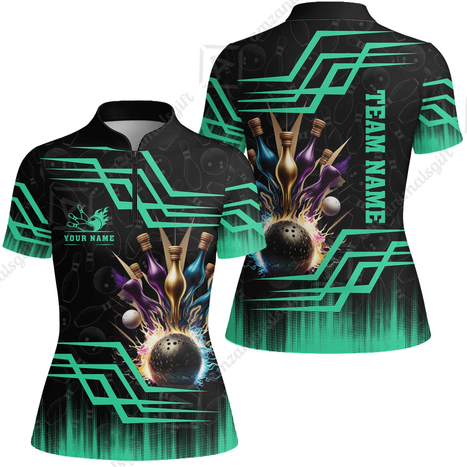 Customized Bowling Unisex Polo, Bowling And Pins Royal Multicolor Option Customized Name And Team Name For Bowling Team - Image 49