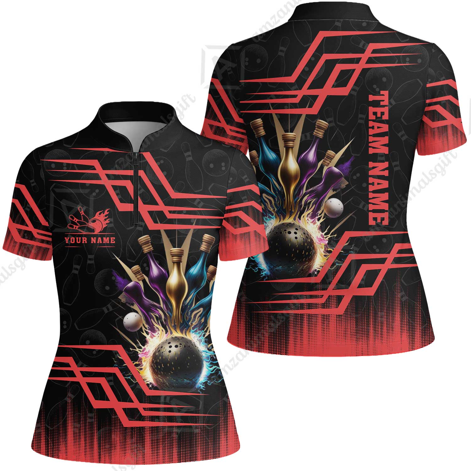Customized Bowling Unisex Polo, Bowling And Pins Royal Multicolor Option Customized Name And Team Name For Bowling Team - Image 52