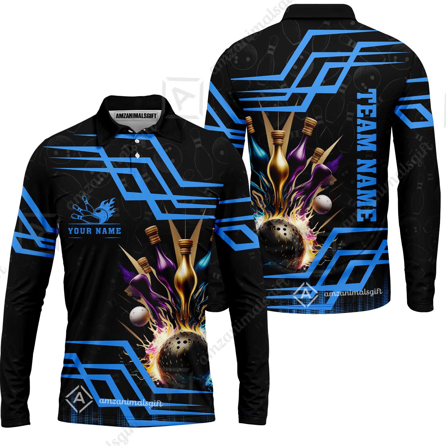 Customized Bowling Unisex Polo, Bowling And Pins Royal Multicolor Option Customized Name And Team Name For Bowling Team - Image 58