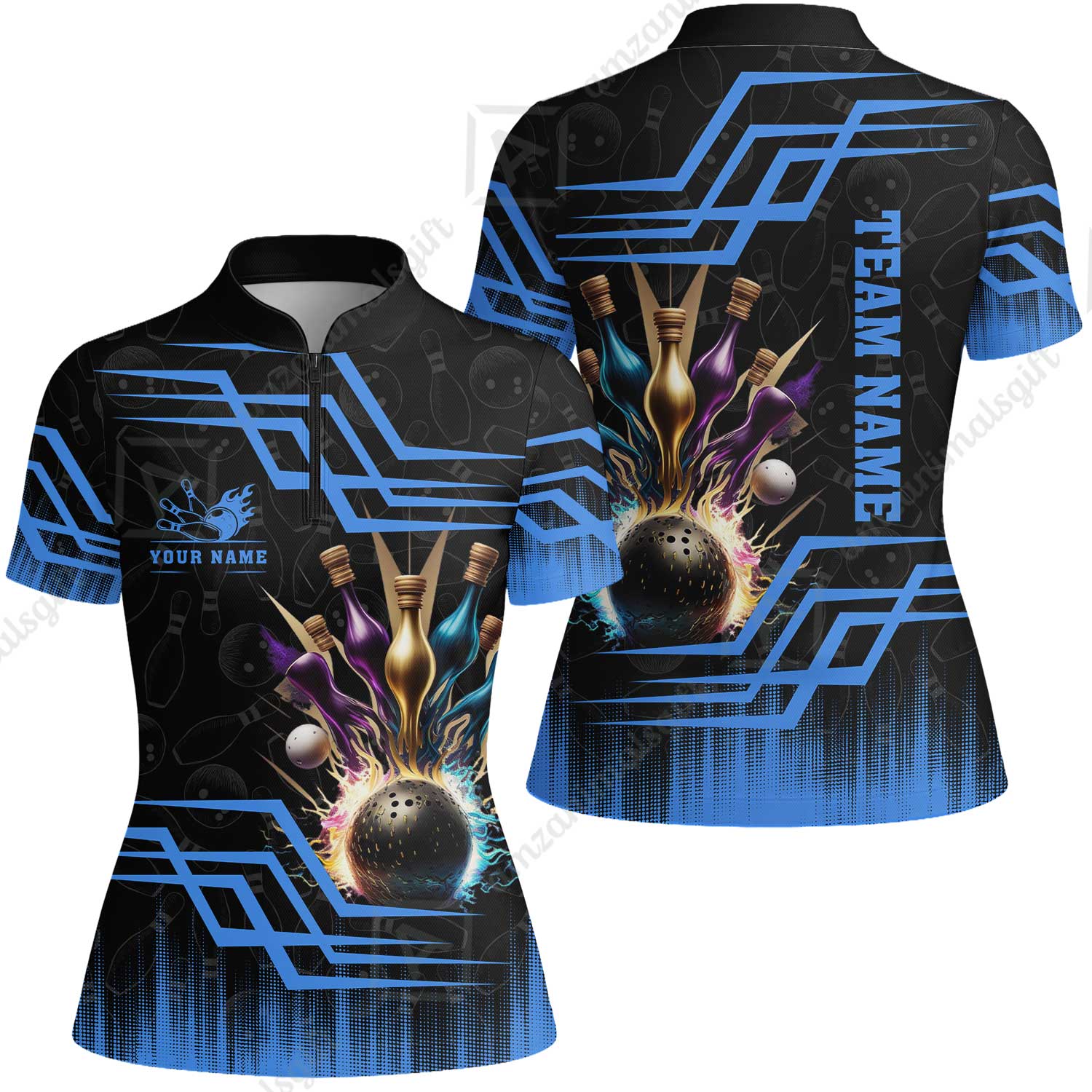 Customized Bowling Unisex Polo, Bowling And Pins Royal Multicolor Option Customized Name And Team Name For Bowling Team - Image 81