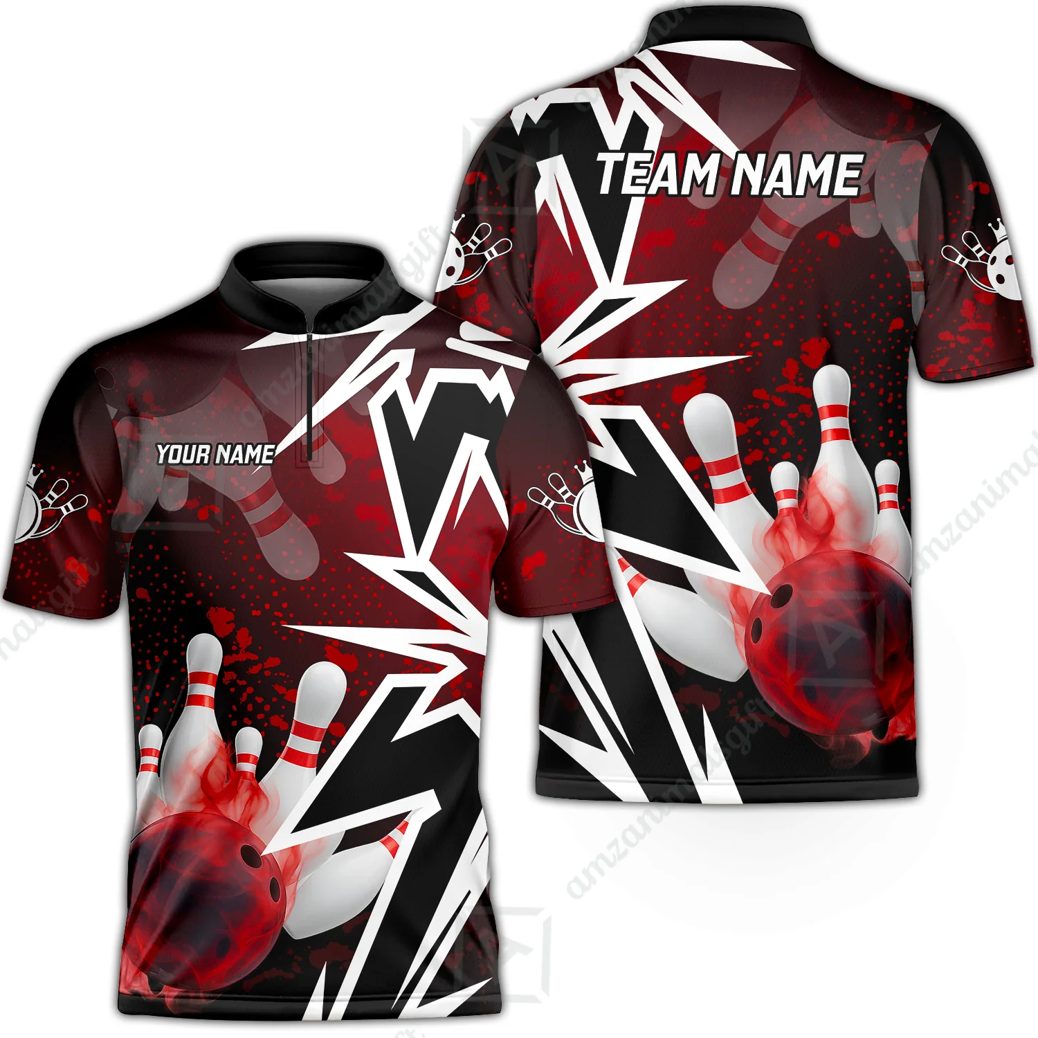 Customized Bowling Polo, Bowling And Pins Smoke Multicolor Option Customized Name And Team Zipper Polo Jerseys Shirts - Image 2