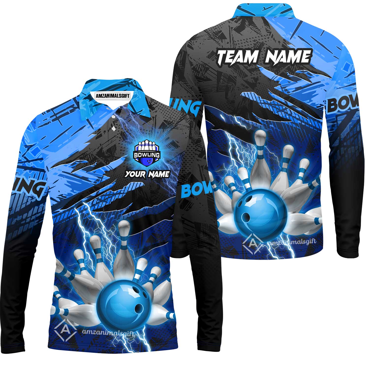 Customized Bowling Unisex Polo Shirt, Bowling And Pins Thunder Break Multicolor Option Customized Name And Team Name Zipper Polo Jerseys Shirts - Image 39