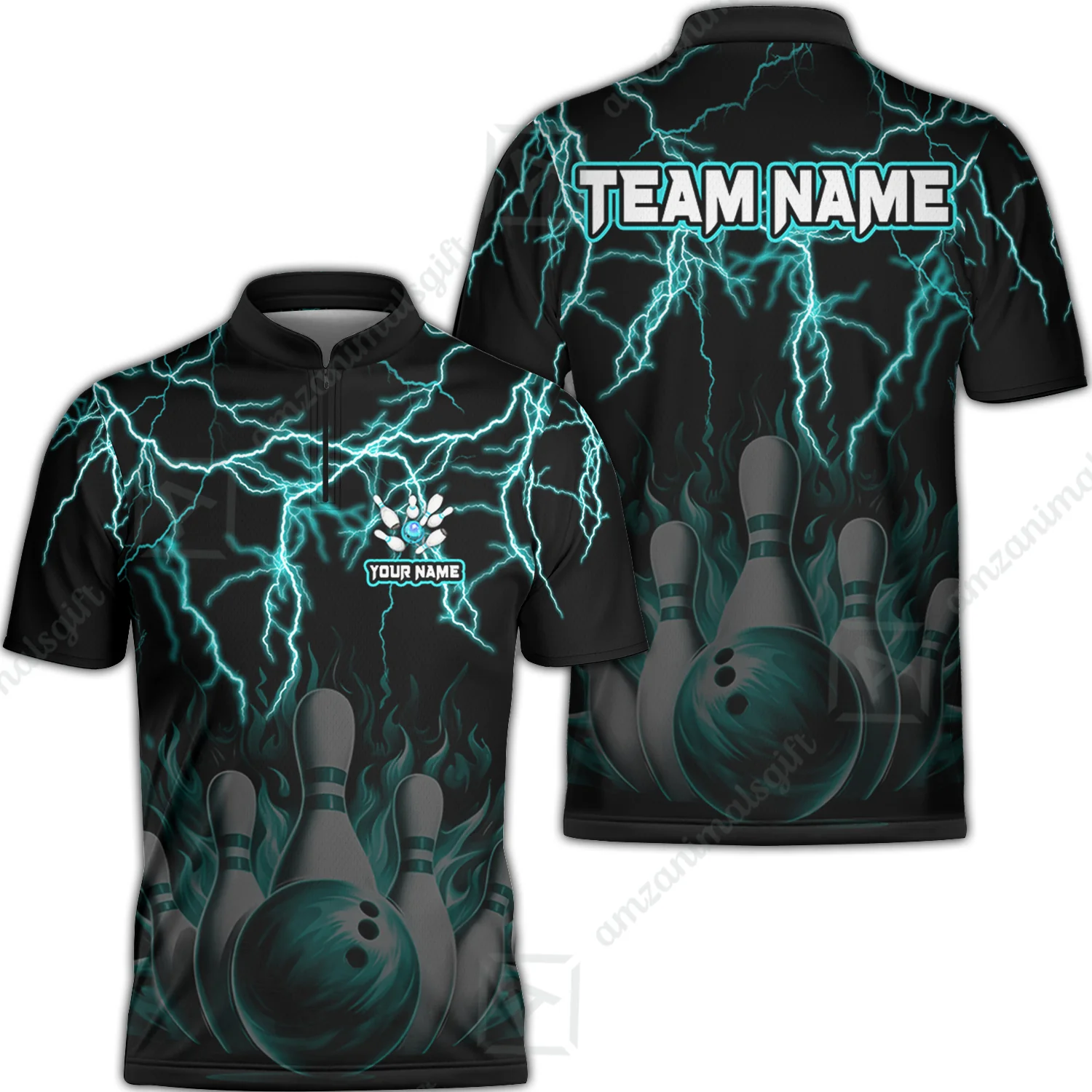 Customized Bowling Polo, Bowling & Pins Flame Thunder Pattern Multicolor Option Customized Name, Team Name Polo Shirt For Bowling Team