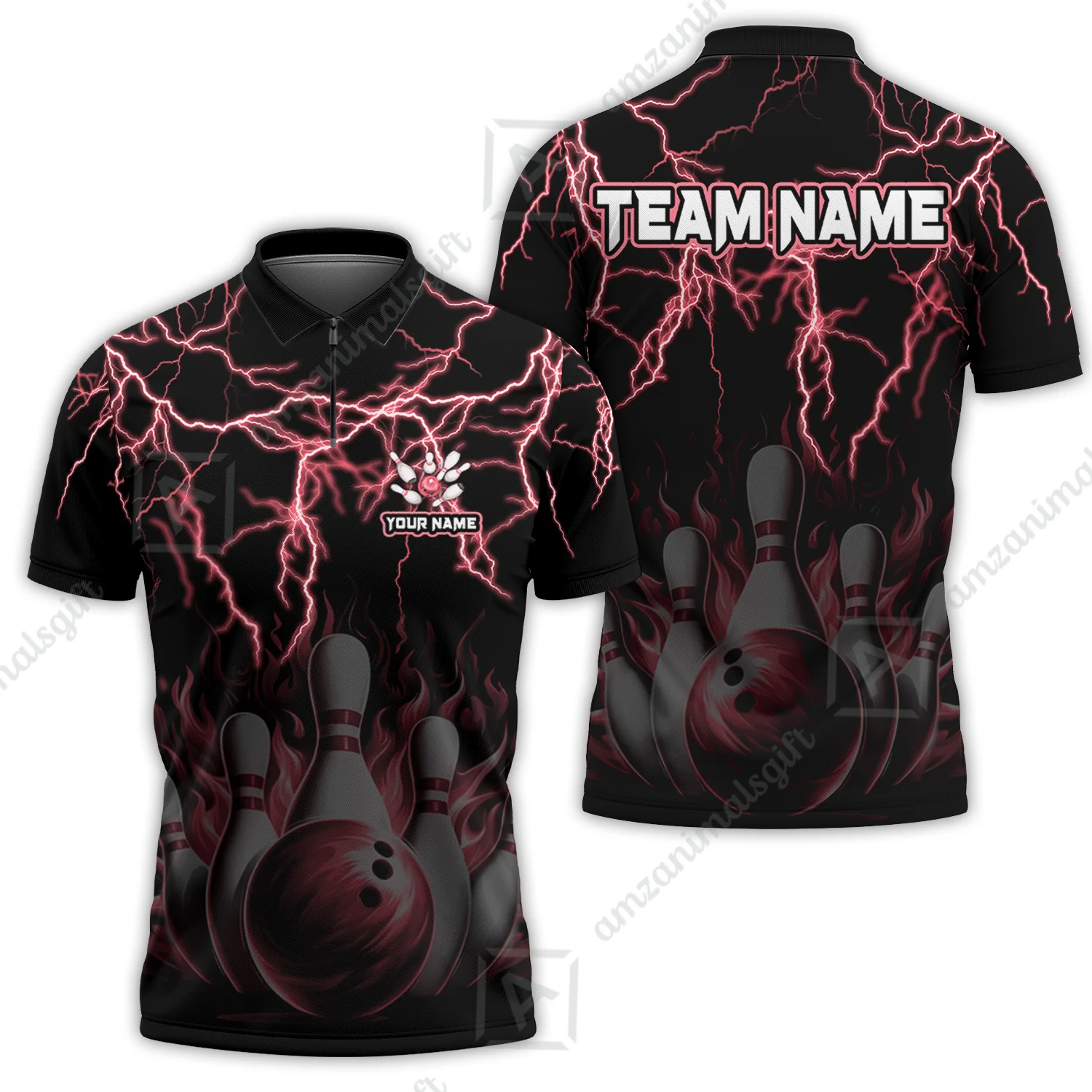 Customized Bowling Polo, Bowling & Pins Flame Thunder Pattern Multicolor Option Customized Name, Team Name Polo Shirt For Bowling Team - Image 21