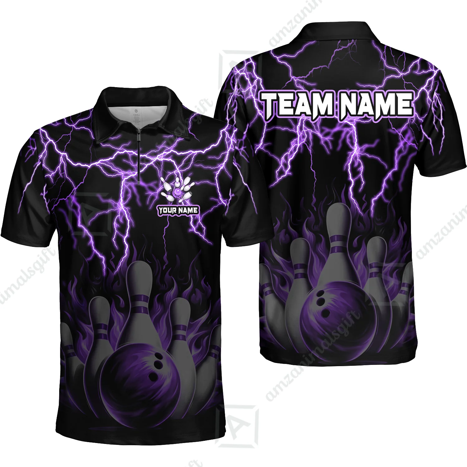 Customized Bowling Polo, Bowling & Pins Flame Thunder Pattern Multicolor Option Customized Name, Team Name Polo Shirt For Bowling Team - Image 48