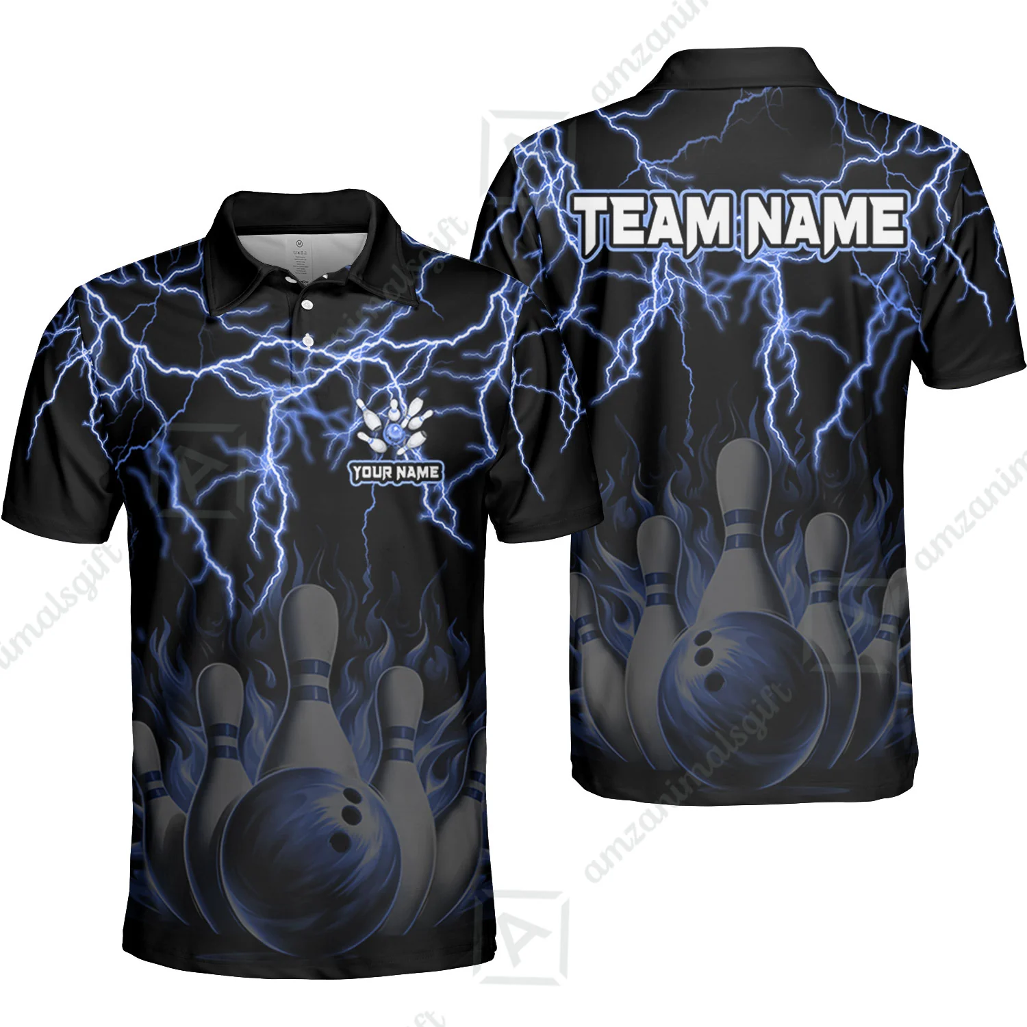 Customized Bowling Polo, Bowling & Pins Flame Thunder Pattern Multicolor Option Customized Name, Team Name Polo Shirt For Bowling Team - Image 7
