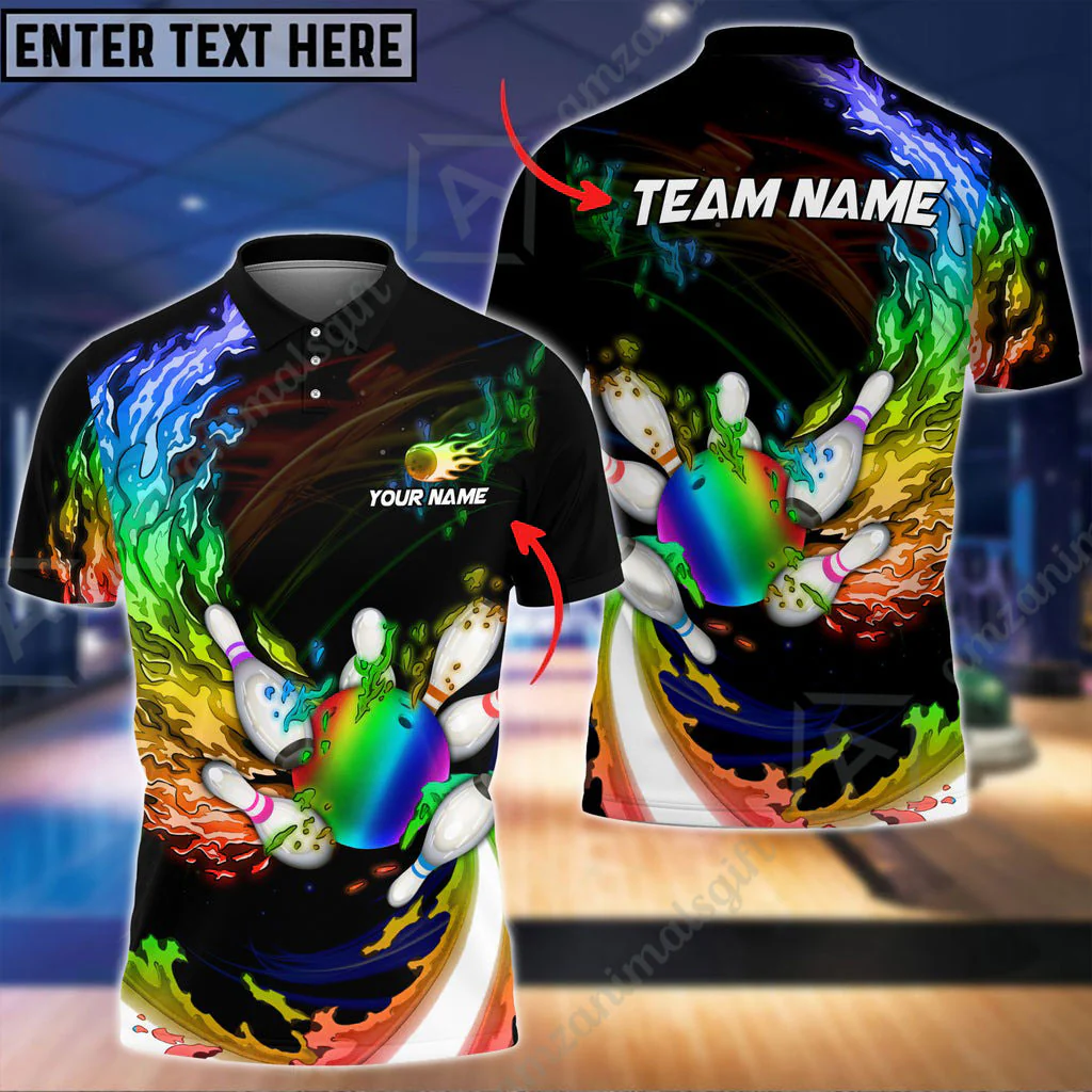 Customized Bowling Jersey Polo, Breath Of Fire Bowling And Pins 2.0 Multicolor Option Customized Name And Team Name For Bowling Team - Image 2