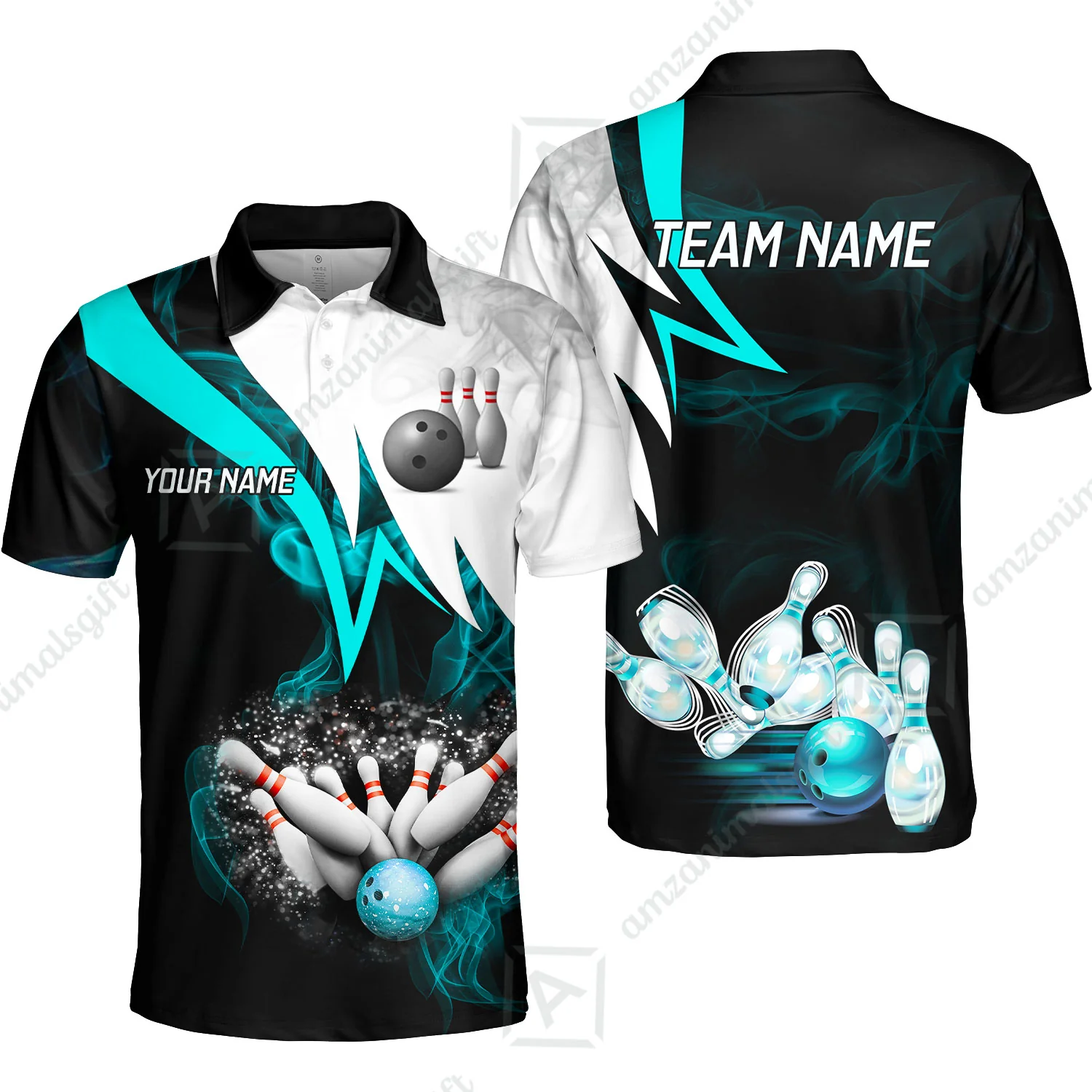 Customized Bowling Polo, Cyan Smoke Pattern Bowling And Pins Premium Customized Name And Team Name Jerseys Polo Shirts - Image 2