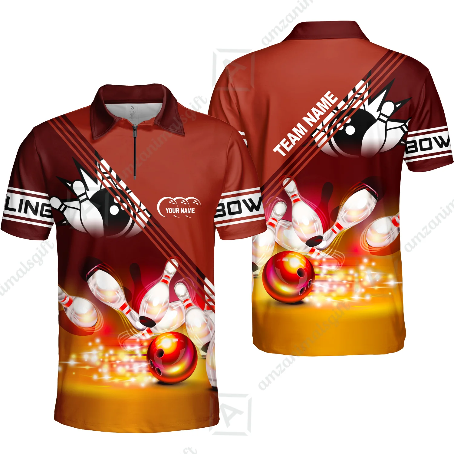 Customized Bowling Jersey Shirt, Red Bowling Ball Crashing into the Pins Personalized Name Team Name Logo Polo Shirts for Tom Taylor - Image 12