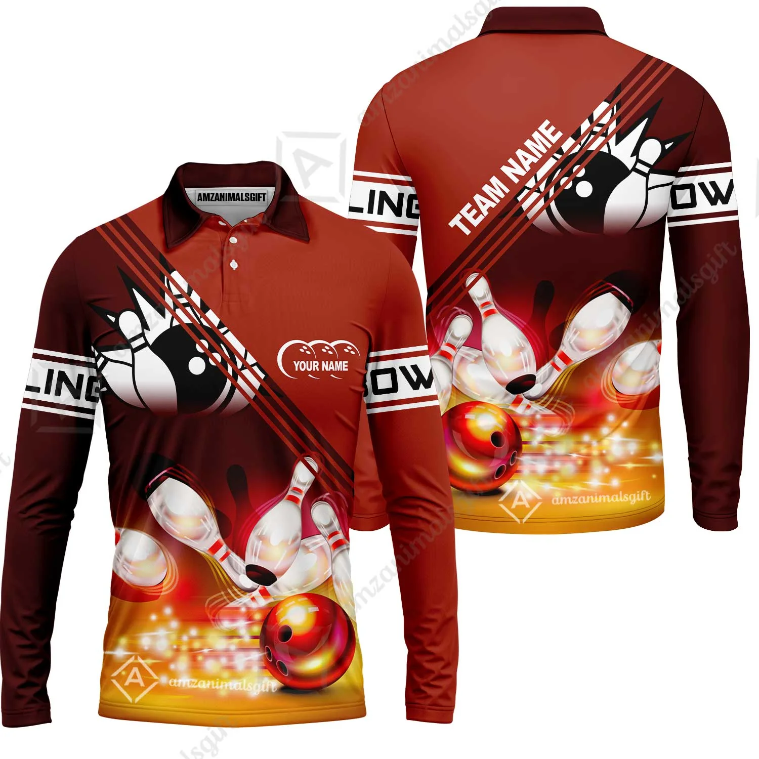 Customized Bowling Jersey Shirt, Red Bowling Ball Crashing into the Pins Personalized Name Team Name Logo Polo Shirts for Tom Taylor - Image 7