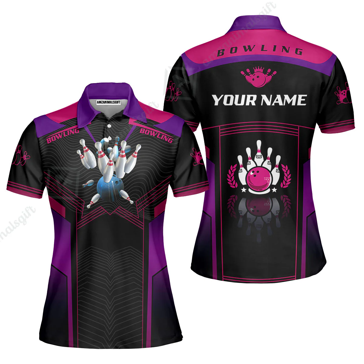 Customized Bowling Jersey Shirt, The Blue Bowling Ball Crashing The Pins Purple Pattern Personalized Name Team Name Logo Team For Bowling Team - Image 3