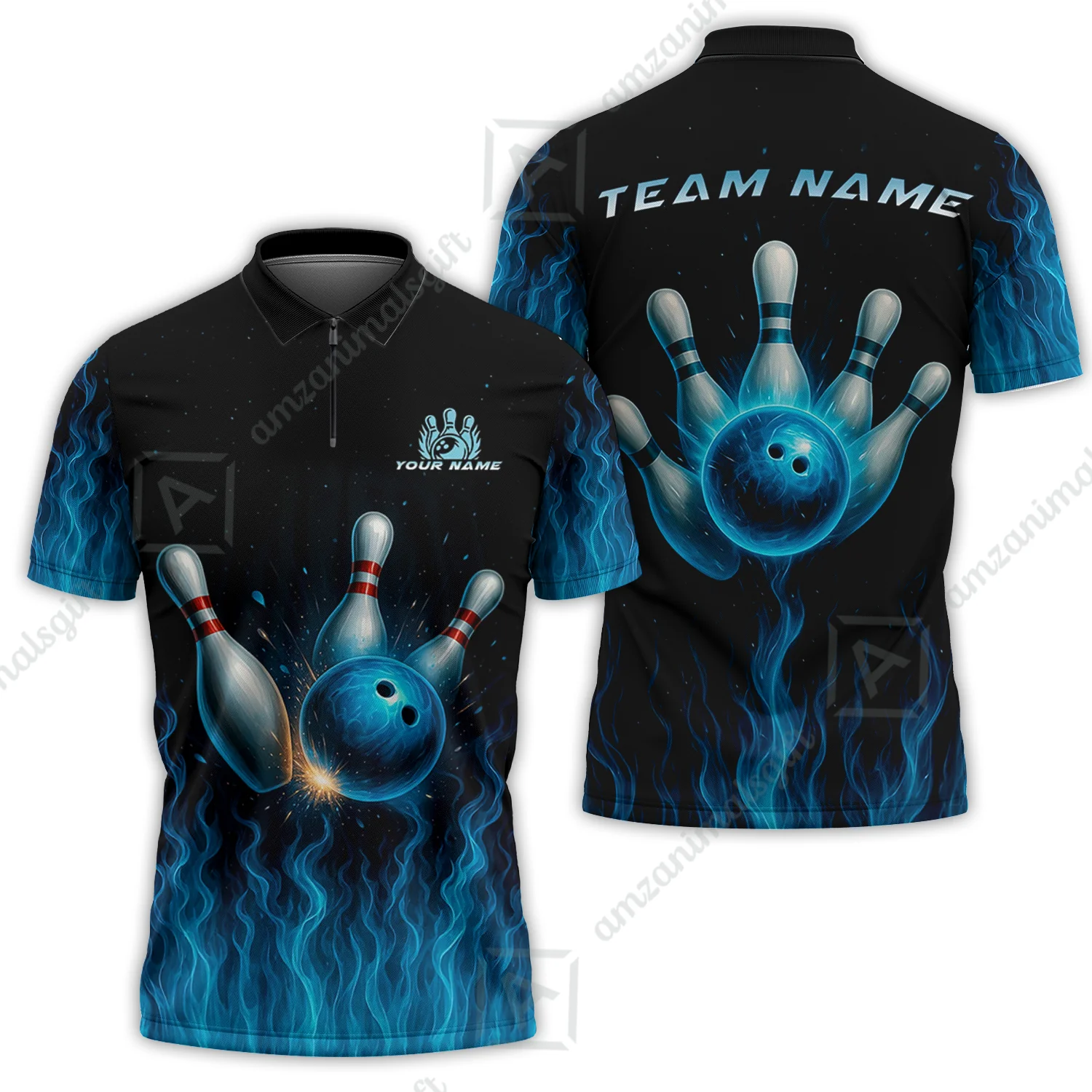 Customized Bowling Quarter-Zip Polo Shirt, Intense Blue Flame Strike Zip Polo Shirt For Bowling Team, Bowlers - Image 2