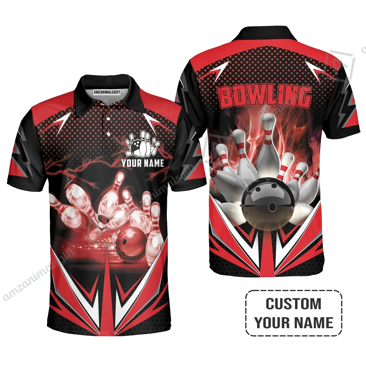 Customized Bowling Red Fire Polo Shirt For Bowling Players, Bowling Team Uniform Shirts, Gift For Men, Bowling Lovers, Bowlers - Image 2