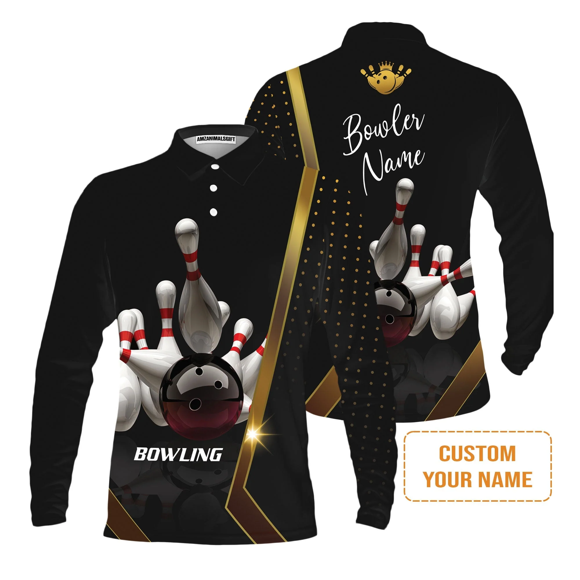 Customized Bowling Sweater, Black And Golden Pattern Personalized Bowling Sweater - Image 3