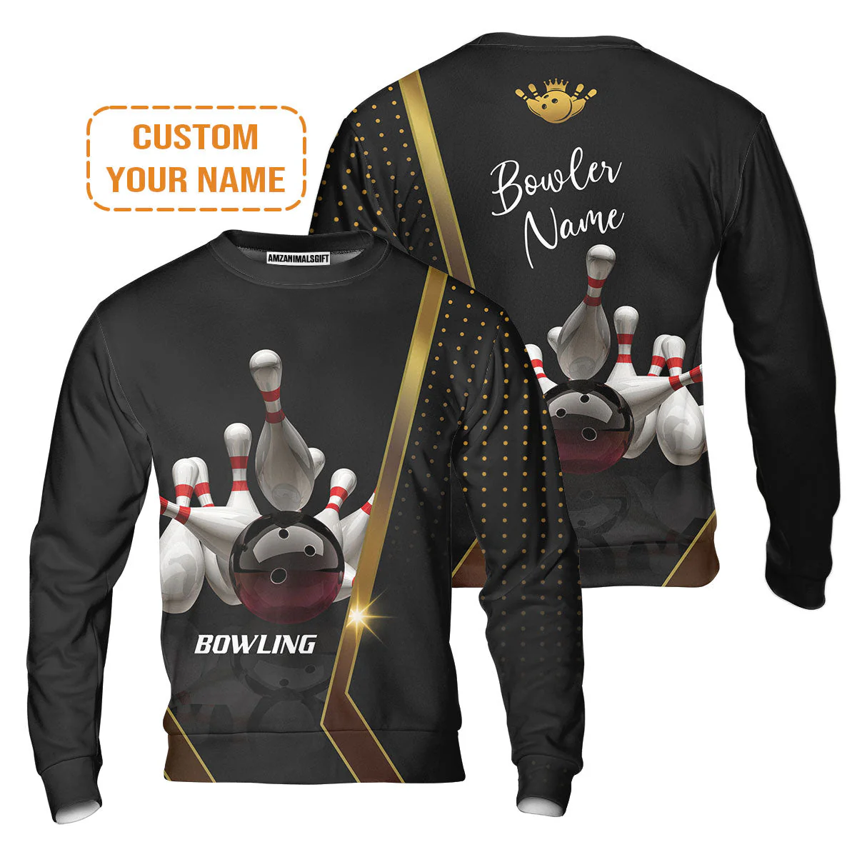 Customized Bowling Sweater, Black And Golden Pattern Personalized Bowling Sweater - Image 6