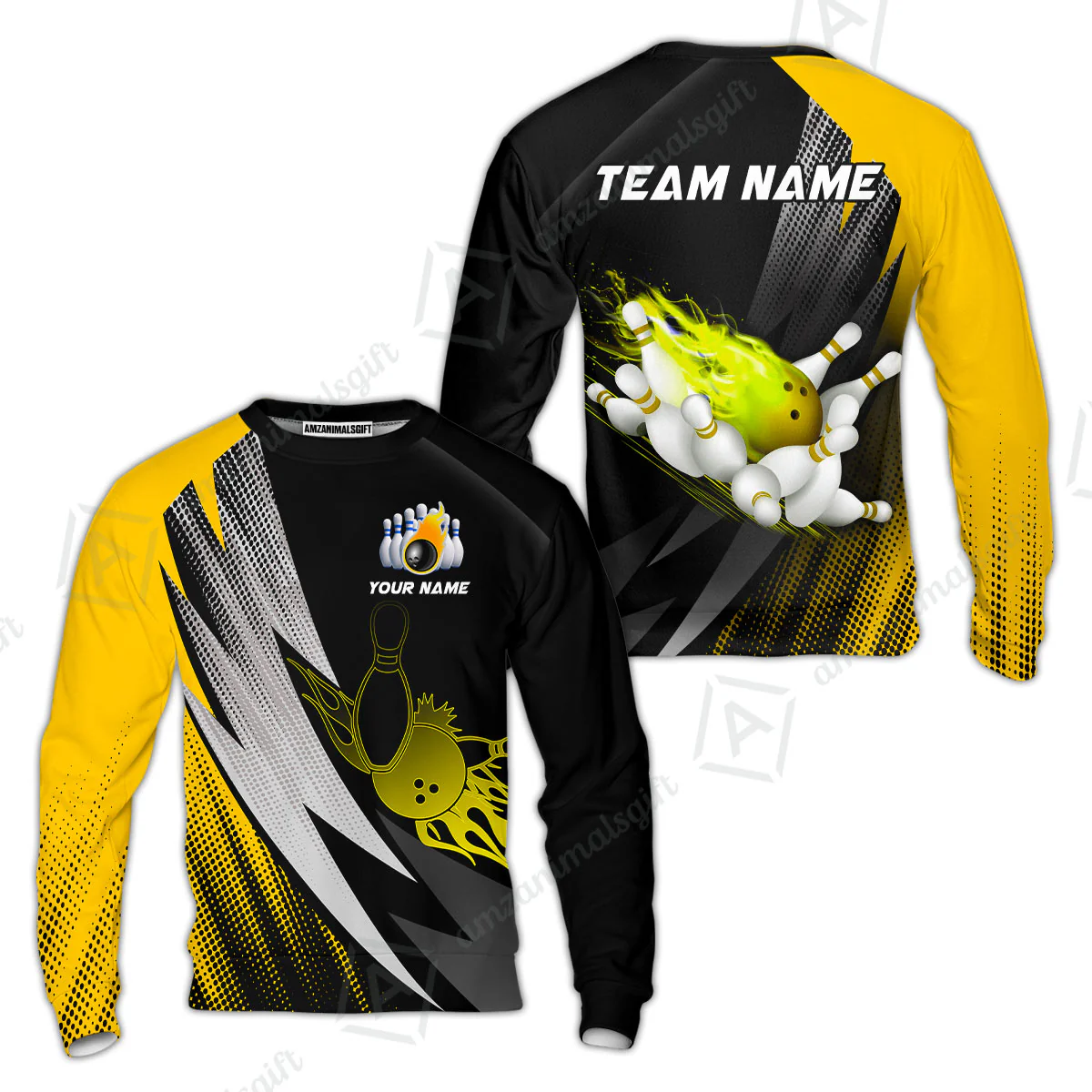 Customized Bowling Sweatshirt, Bowling Ball And Pins Thunder Polka Dot Motifs Multicolor Option Customized Name And Team Polo Shirts - Image 2