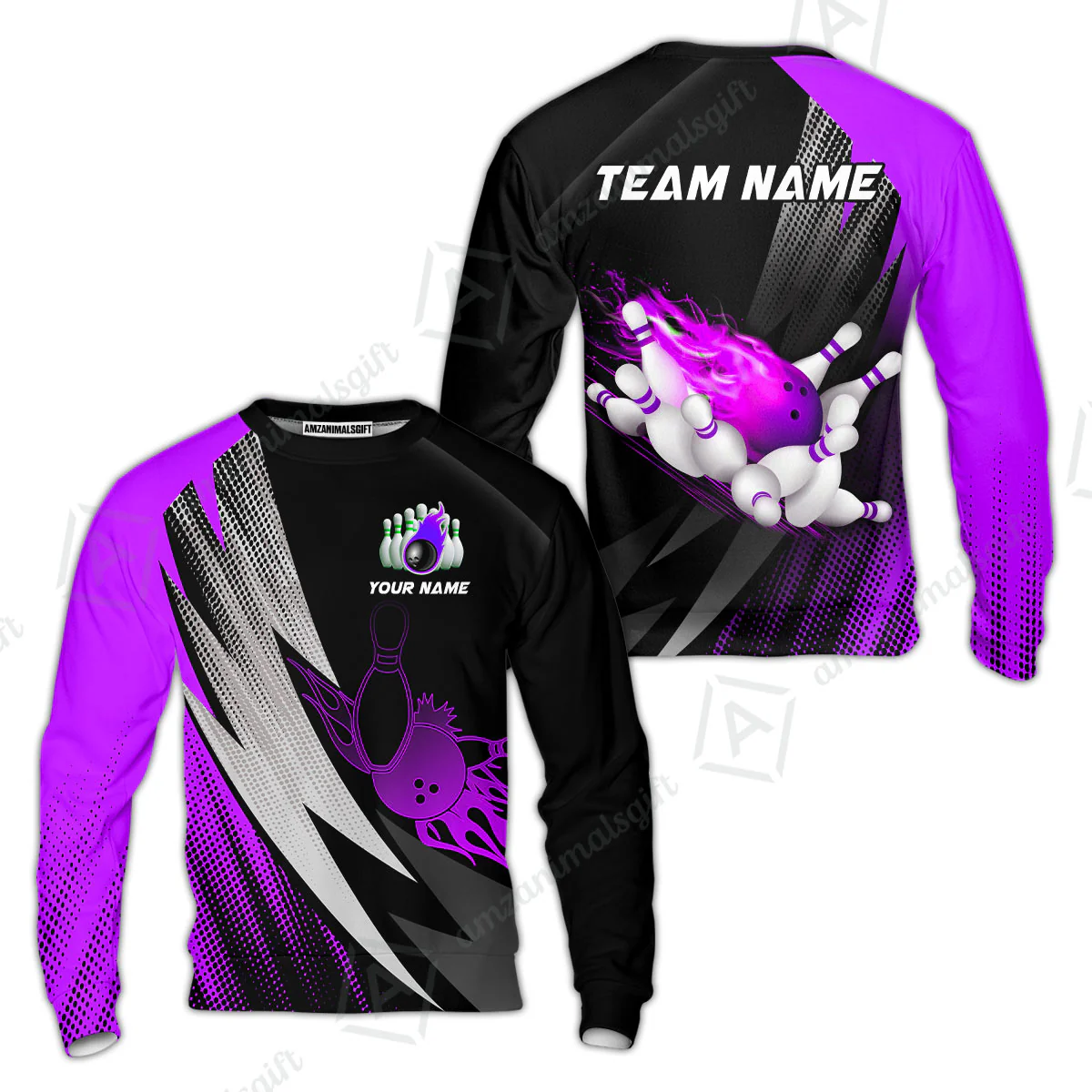 Customized Bowling Sweatshirt, Bowling Ball And Pins Thunder Polka Dot Motifs Multicolor Option Customized Name And Team Polo Shirts - Image 3