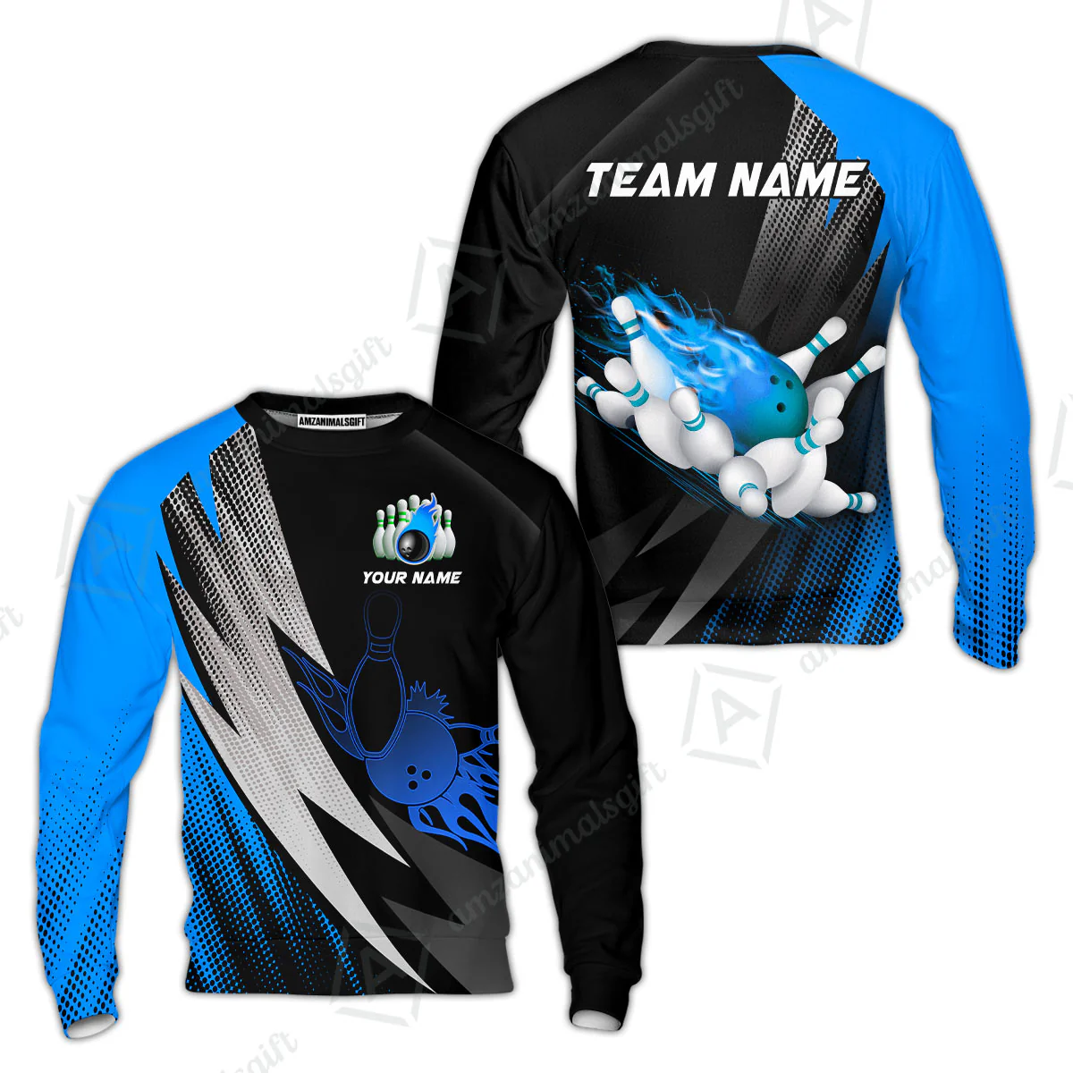 Customized Bowling Sweatshirt, Bowling Ball And Pins Thunder Polka Dot Motifs Multicolor Option Customized Name And Team Polo Shirts - Image 5