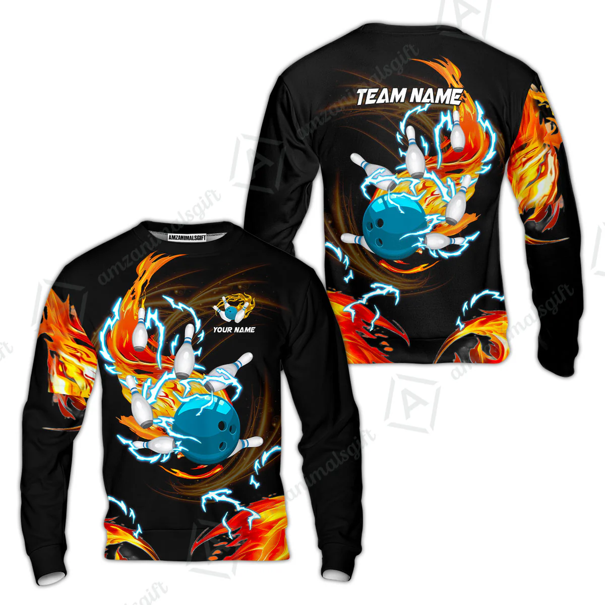 Customized Bowling Sweatshirt, Bowling Ball & Pins Breath Of Thunder Flame Multicolor Option, Perfect Outfit For Bowlers - Image 2