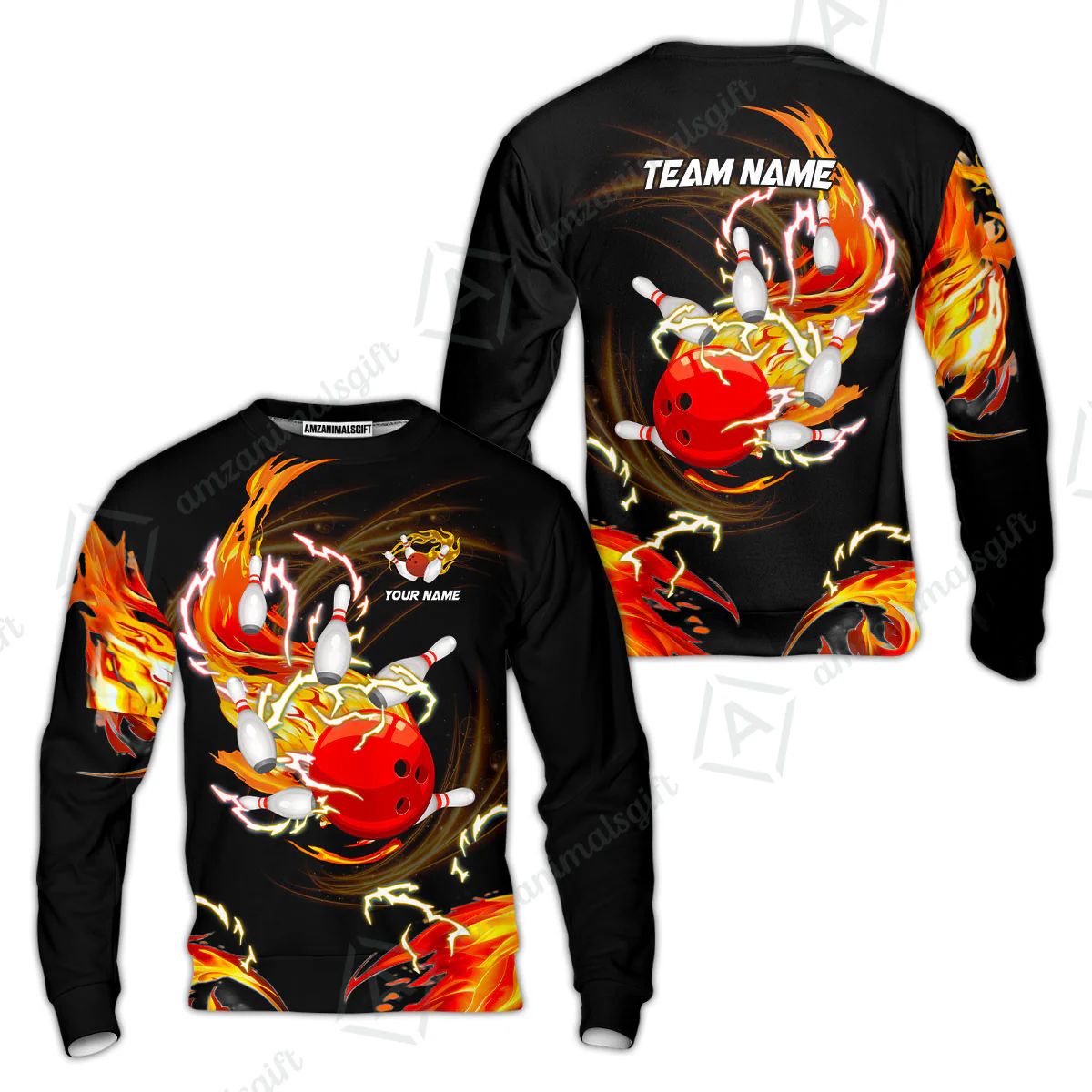 Customized Bowling Sweatshirt, Bowling Ball & Pins Breath Of Thunder Flame Multicolor Option, Perfect Outfit For Bowlers - Image 4