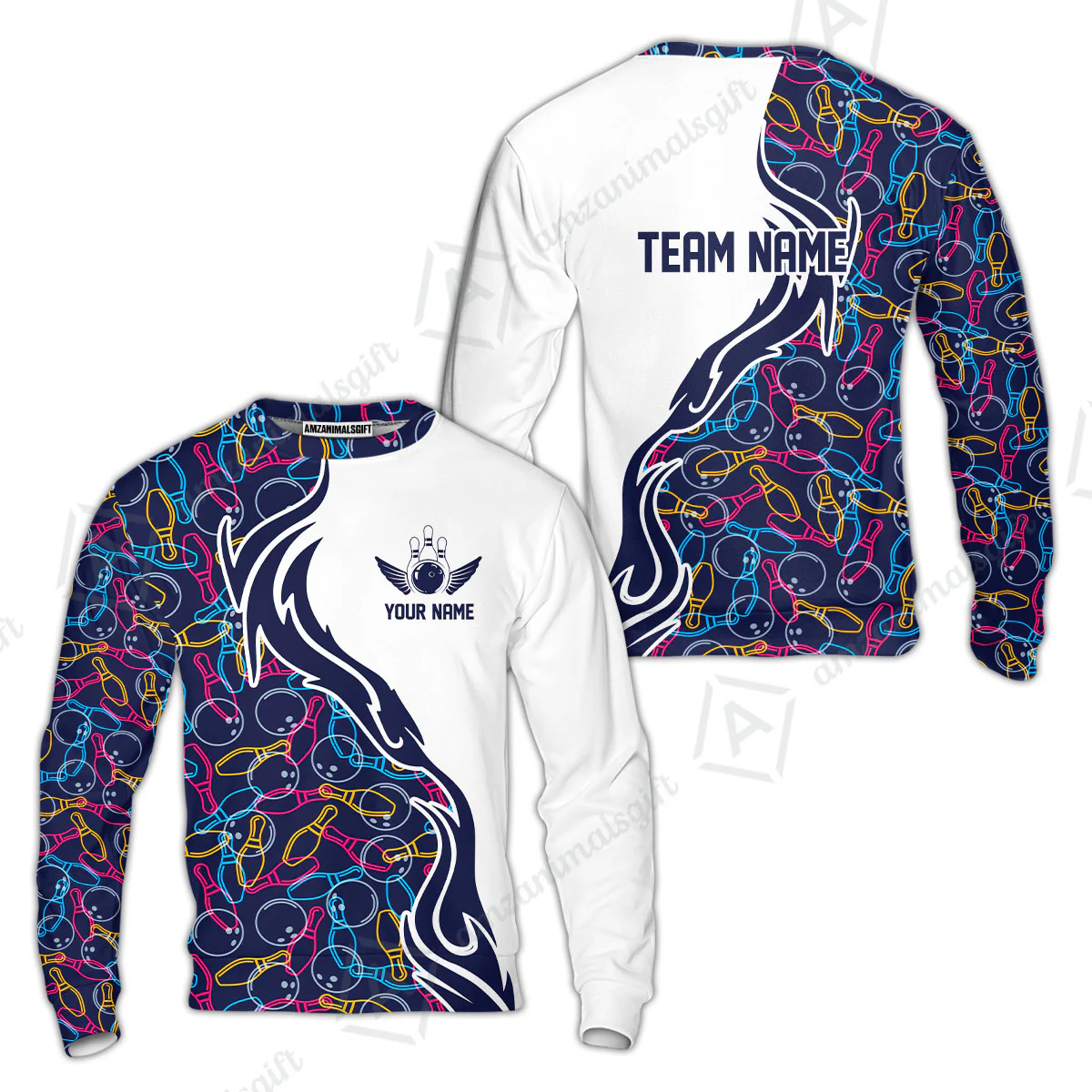 Customized Bowling Sweatshirt Skittles And Balls Outline Bowling Pattern Custom Name And Team Name For Bowlers