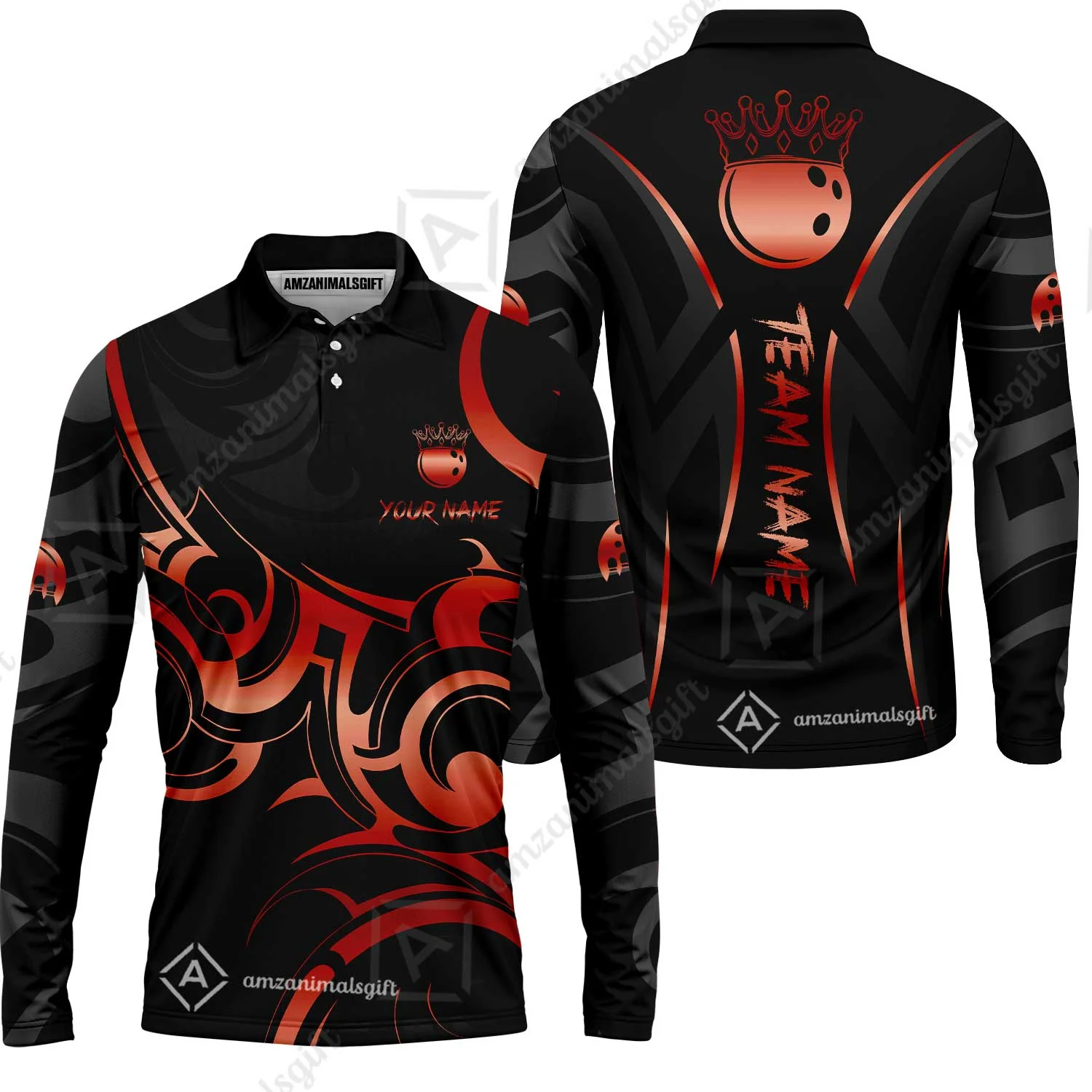 Customized Bowling Team Long Sleeve Polo Shirt, Bowling Swirling Fire Flames Gold And Black Style Long Sleeve Polo Shirt - Image 2