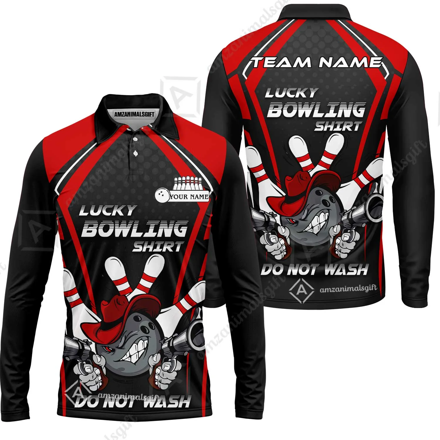 Customized Bowling Team Long Sleeve Polo Shirt, Lucky Bowling Shirt Do Not Wash Bowling Ball Aiming Guns, Personalized Name Bowling Shirt - Image 3