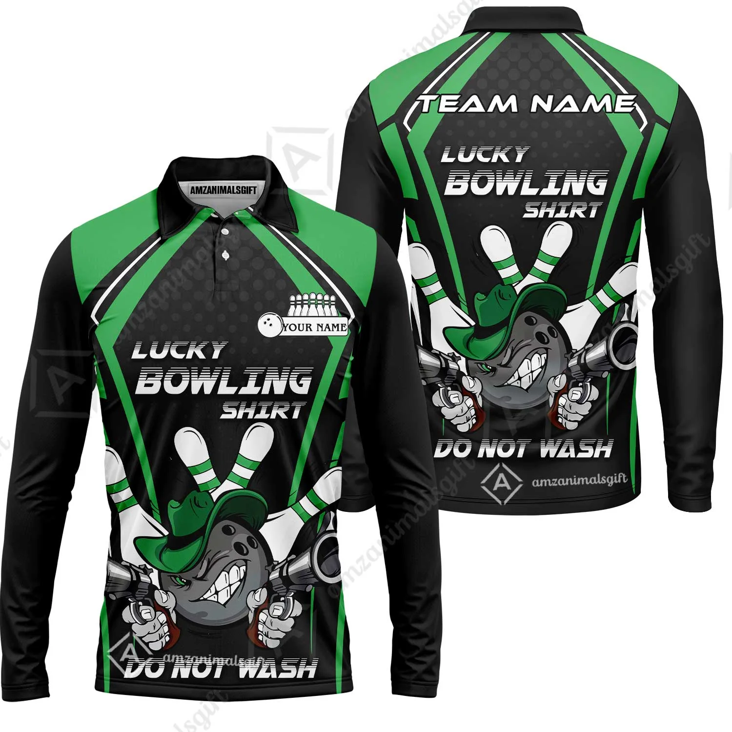 Customized Bowling Team Long Sleeve Polo Shirt, Lucky Bowling Shirt Do Not Wash Bowling Ball Aiming Guns, Personalized Name Bowling Shirt - Image 4