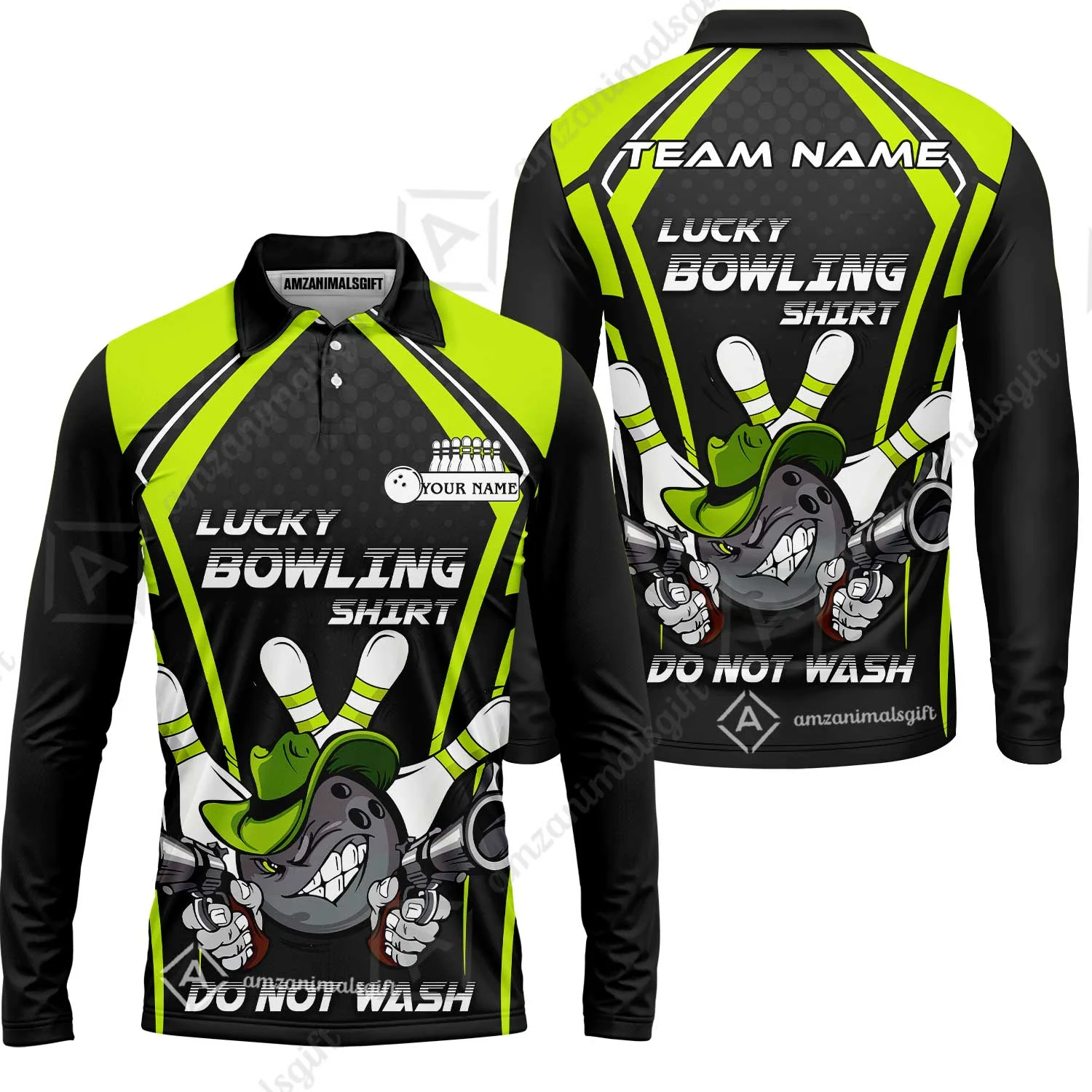 Customized Bowling Team Long Sleeve Polo Shirt, Lucky Bowling Shirt Do Not Wash Bowling Ball Aiming Guns, Personalized Name Bowling Shirt - Image 5