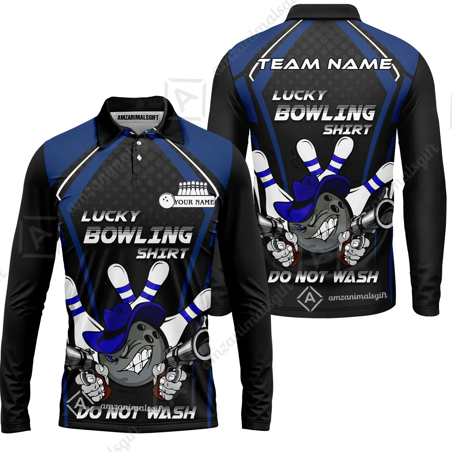 Customized Bowling Team Long Sleeve Polo Shirt, Lucky Bowling Shirt Do Not Wash Bowling Ball Aiming Guns, Personalized Name Bowling Shirt - Image 6