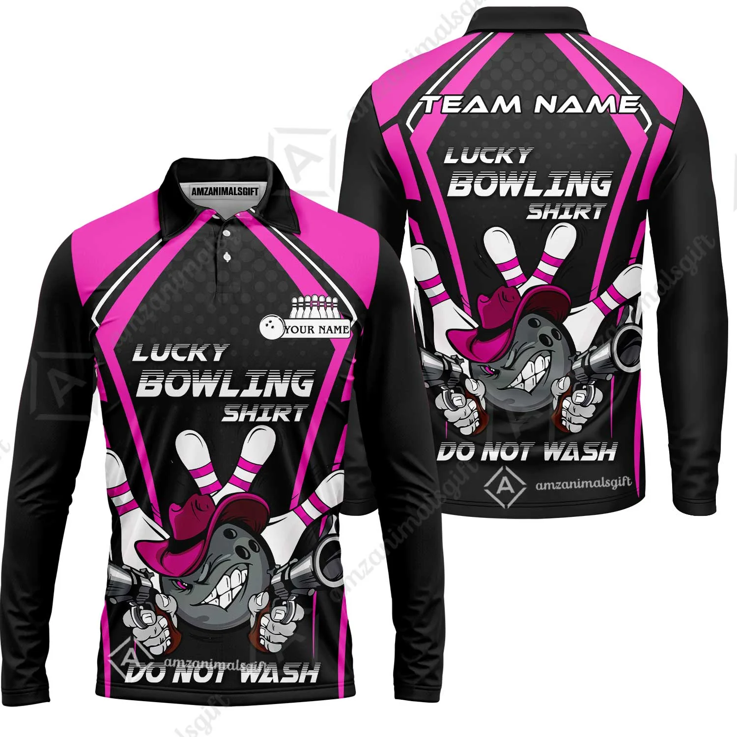 Customized Bowling Team Long Sleeve Polo Shirt, Lucky Bowling Shirt Do Not Wash Bowling Ball Aiming Guns, Personalized Name Bowling Shirt - Image 7