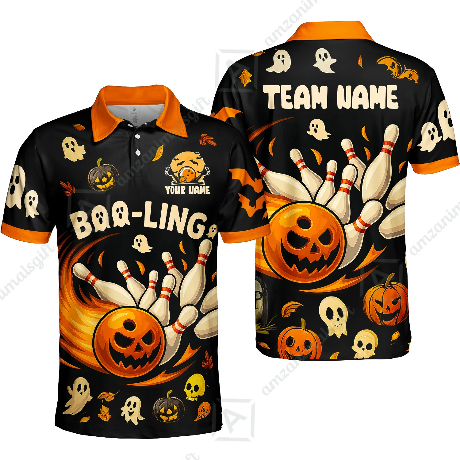 Customized Bowling Team Polo Jersey, Bowling Halloween Pumpkin Booling Style Uniform Shirt For Bowlers - Image 2