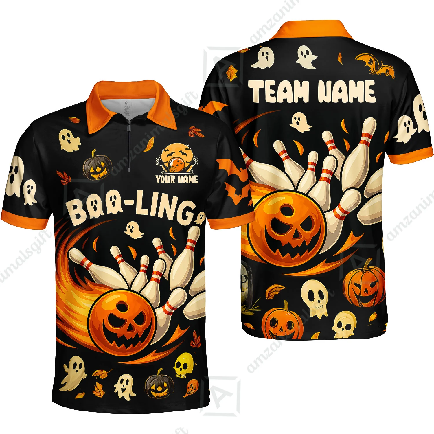Customized Bowling Team Polo Jersey, Bowling Halloween Pumpkin Booling Style Uniform Shirt For Bowlers - Image 5