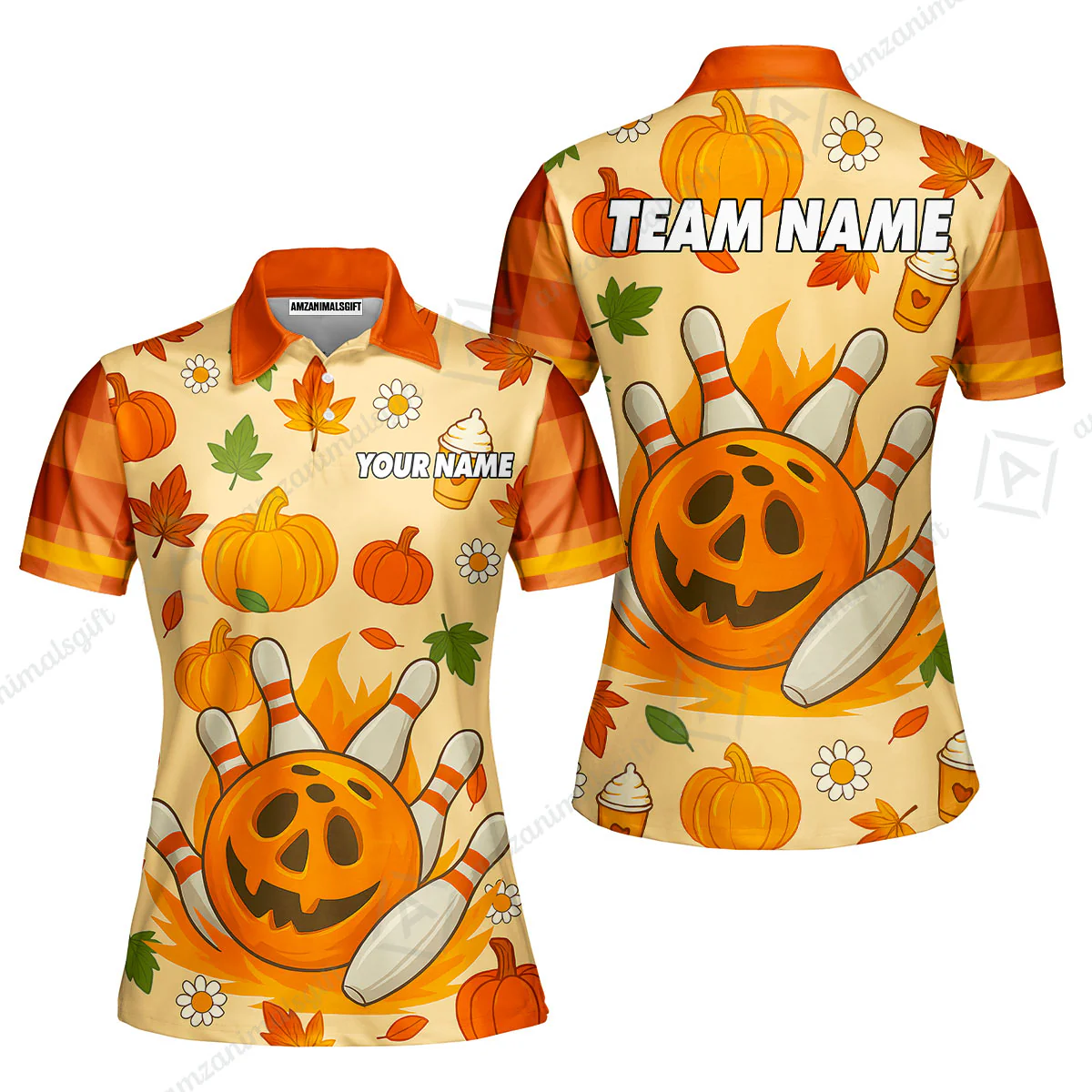 Customized Bowling Team Polo Jersey, Bowling Halloween Pumpkin Style Uniform Shirt For Bowlers - Image 4