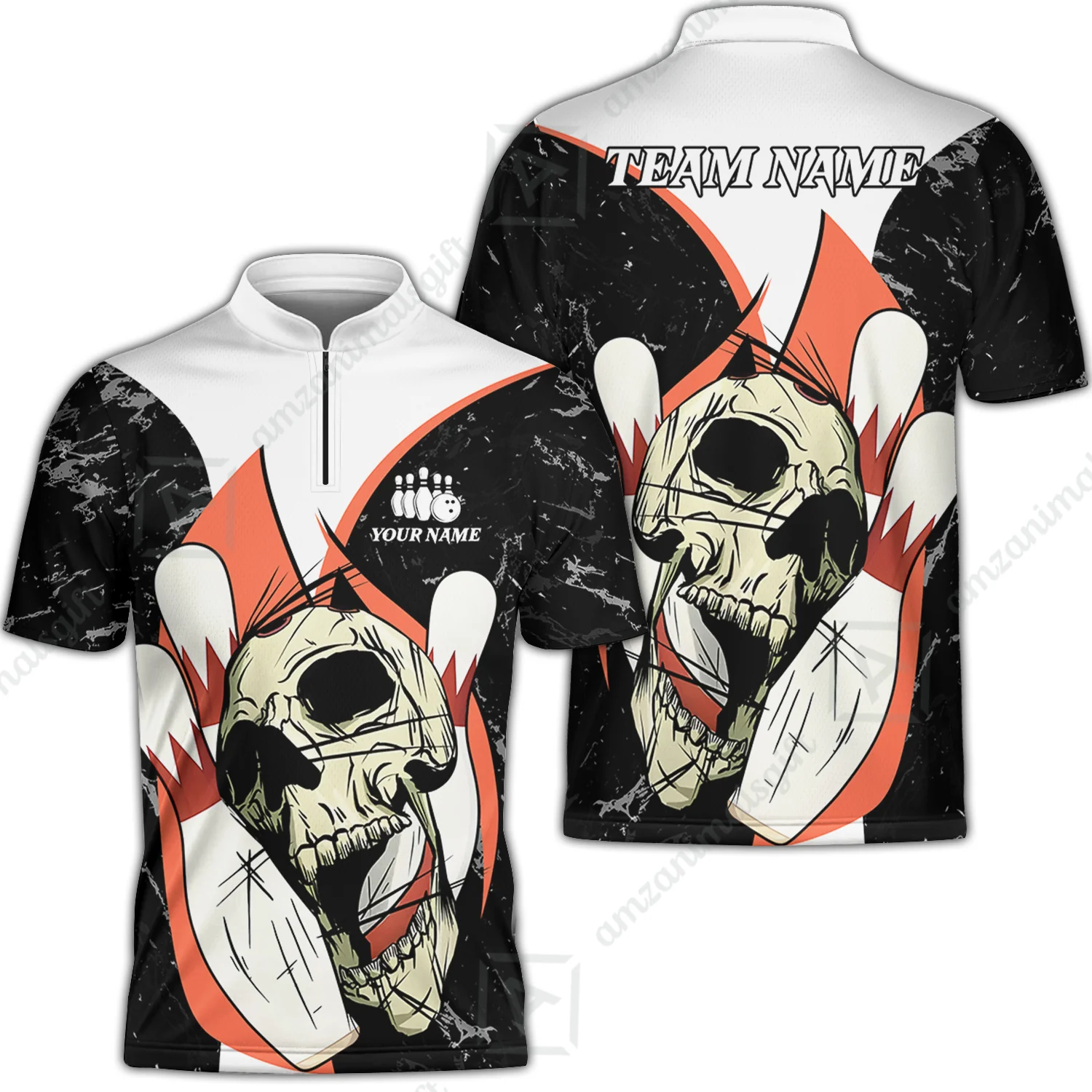 Customized Bowling Team Polo Jersey, Skull Rolling Bowling Illustration Halloween Style Uniform Shirt For Bowlers - Image 2
