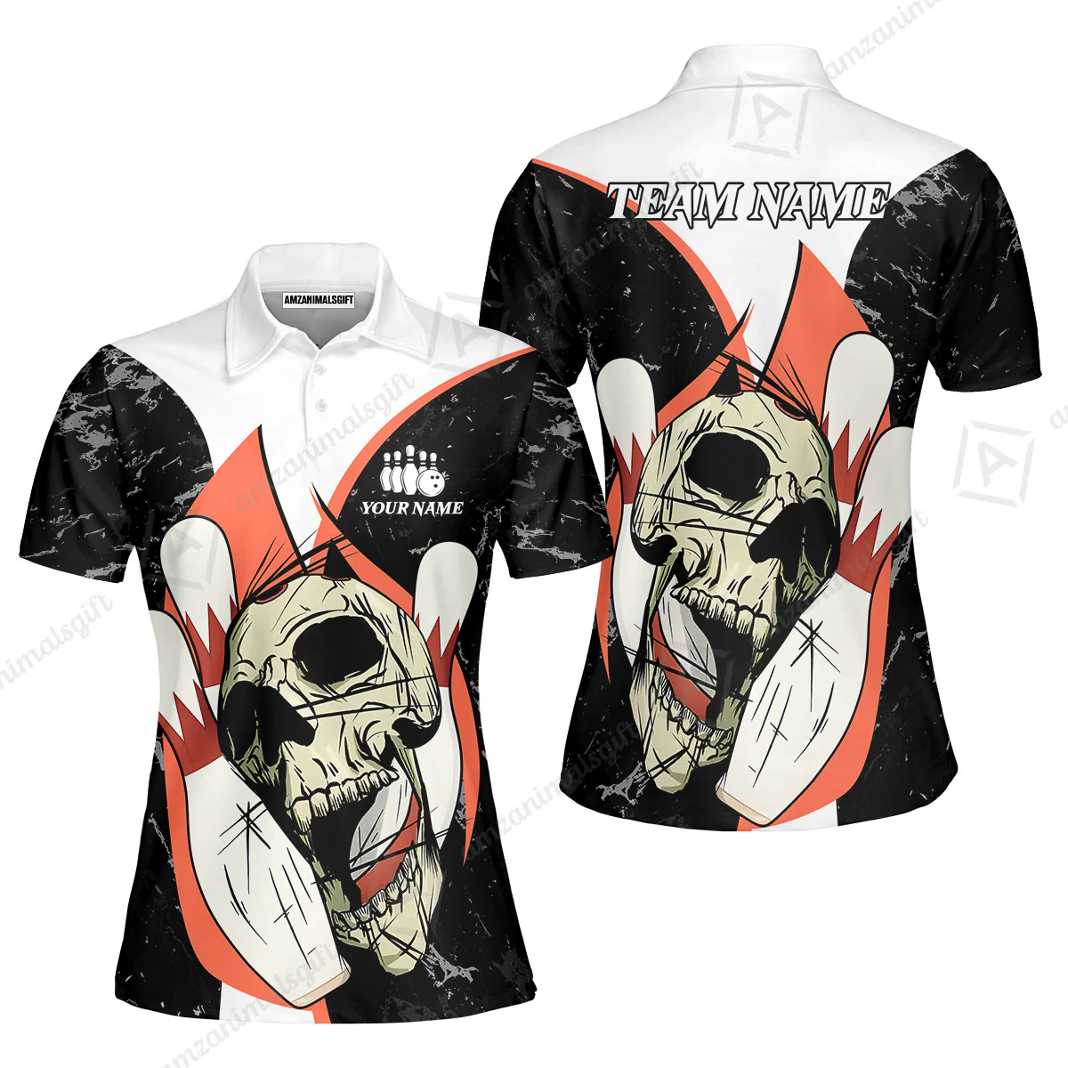 Customized Bowling Team Polo Jersey, Skull Rolling Bowling Illustration Halloween Style Uniform Shirt For Bowlers - Image 4