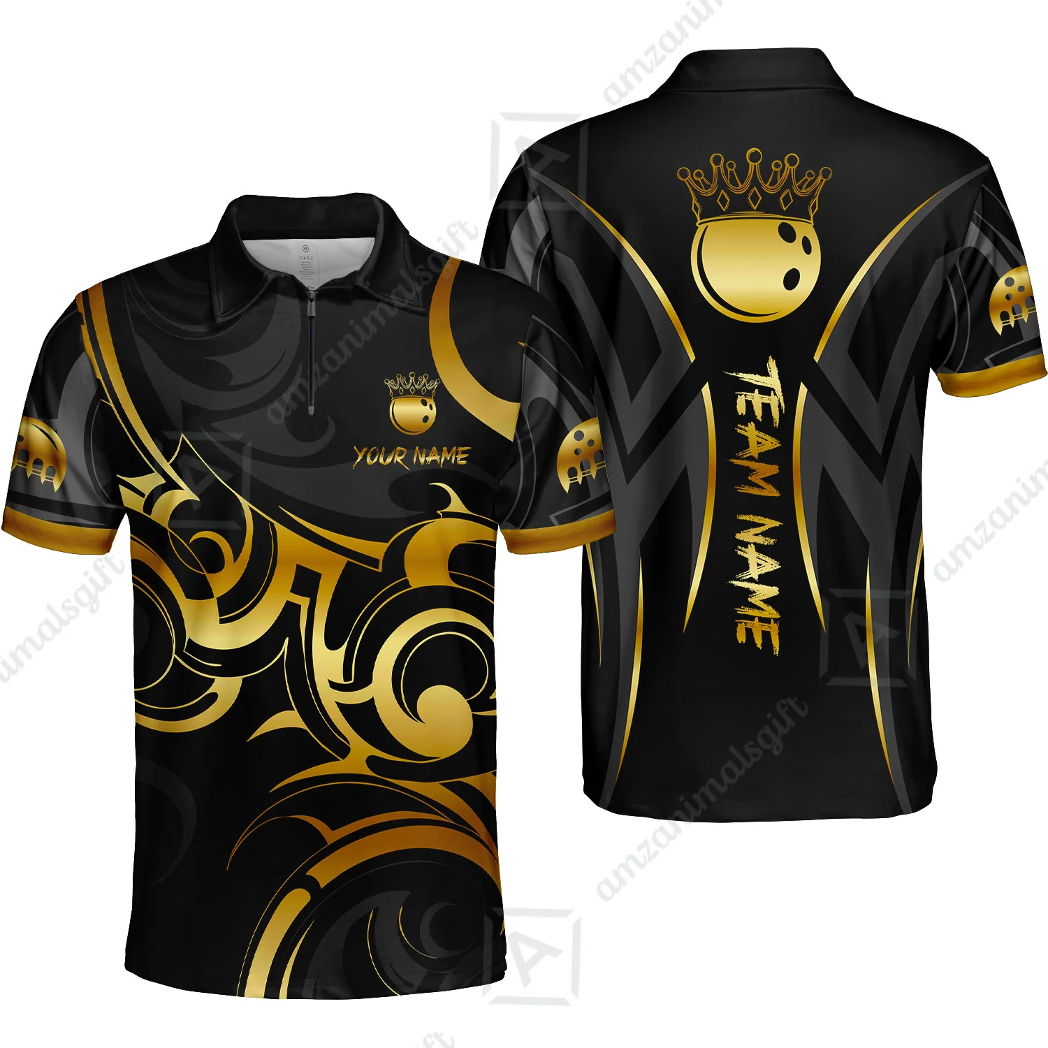 Customized Bowling Team Quarter-Zip Polo Shirt, Bowling Swirling Fire Flames Gold And Black Style Zip Polo Shirt - Image 3