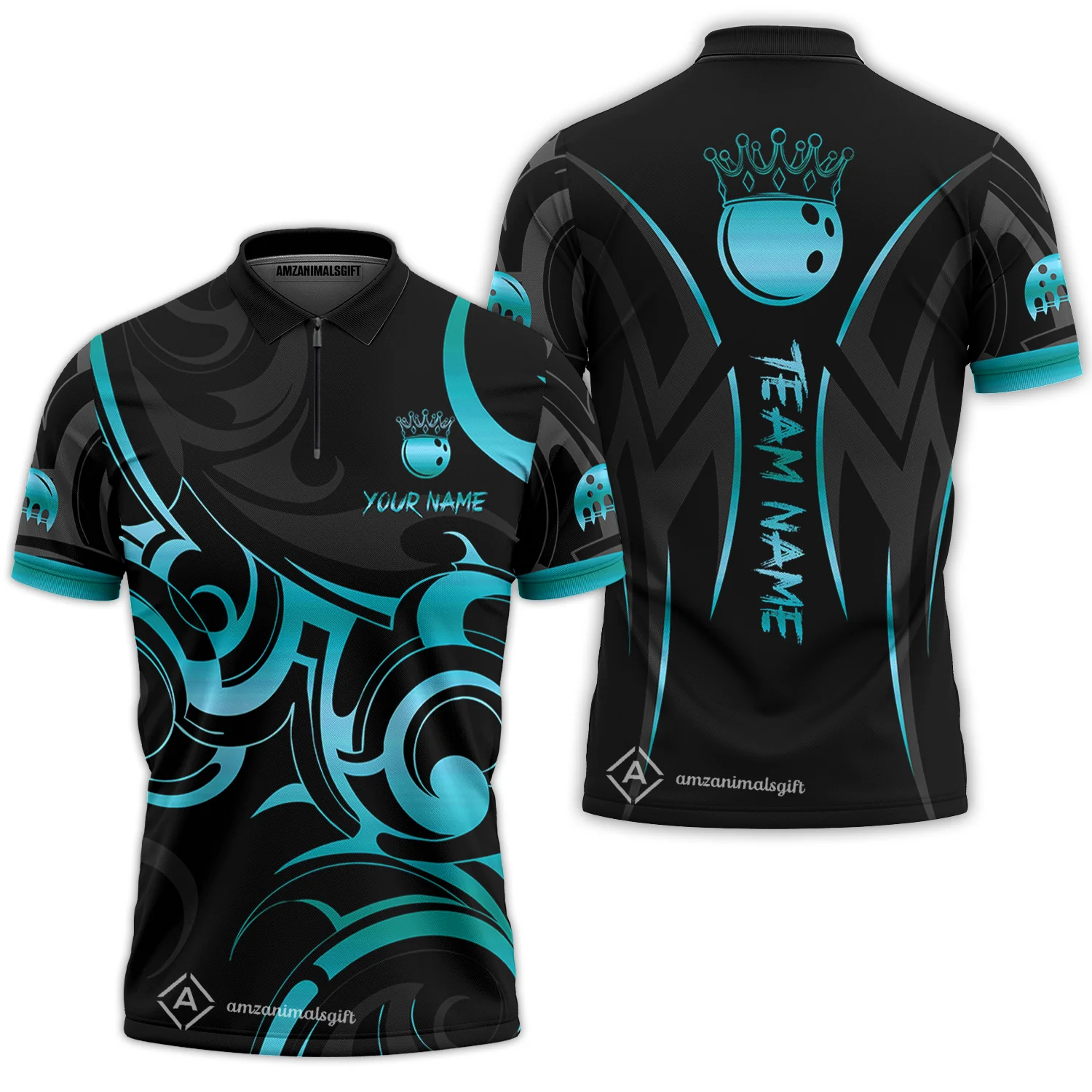 Customized Bowling Team Quarter-Zip Polo Shirt, Bowling Swirling Fire Flames Gold And Black Style Zip Polo Shirt - Image 4