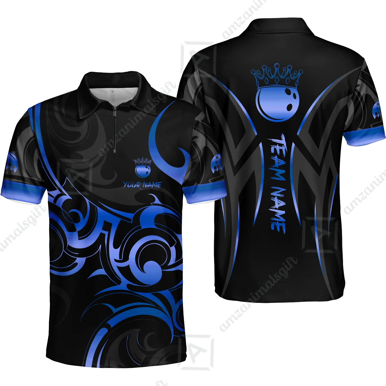Customized Bowling Team Quarter-Zip Polo Shirt, Bowling Swirling Fire Flames Gold And Black Style Zip Polo Shirt - Image 7